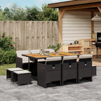 vidaXL 11 Piece Patio Dining Set - Black Poly Rattan with Cushions - Acacia Wood Tabletop - Space-Saving Foldable Chairs - Ideal for Garden, Backyard, Patio, Deck