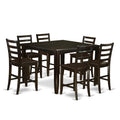 East West Furniture FAIR7-CAP-W 7 Piece Kitchen Counter Set Consist of a Square Dining Table with Pedestal and 6 Dining Room Chairs, 54x54 Inch, Cappuccino