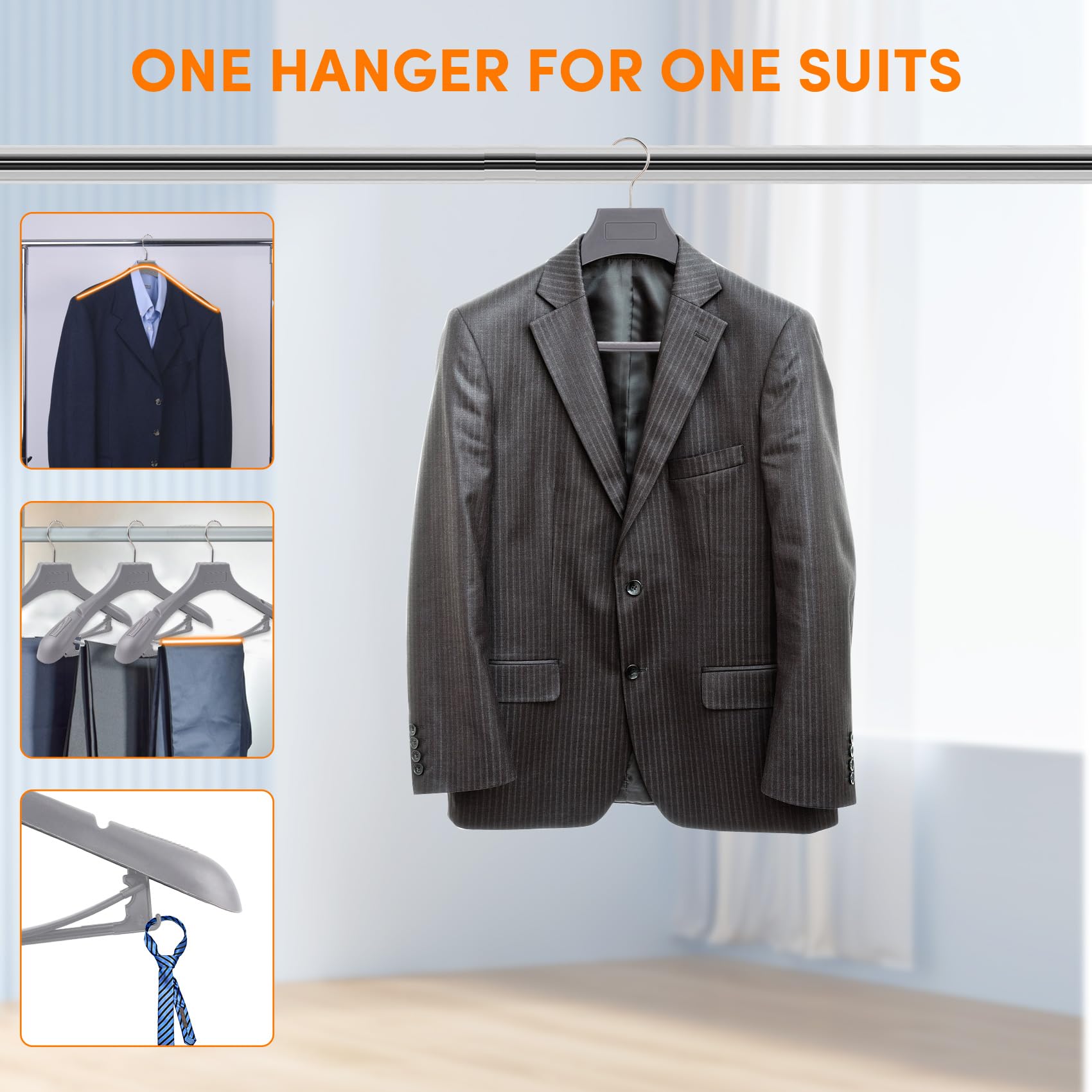 Dedu Suit Hangers For Men 40 Pack, Extra Wide Hangers Non Slip Width 17.7'', Grey Coat Hangers Thick Plastic With Pants Bar 360