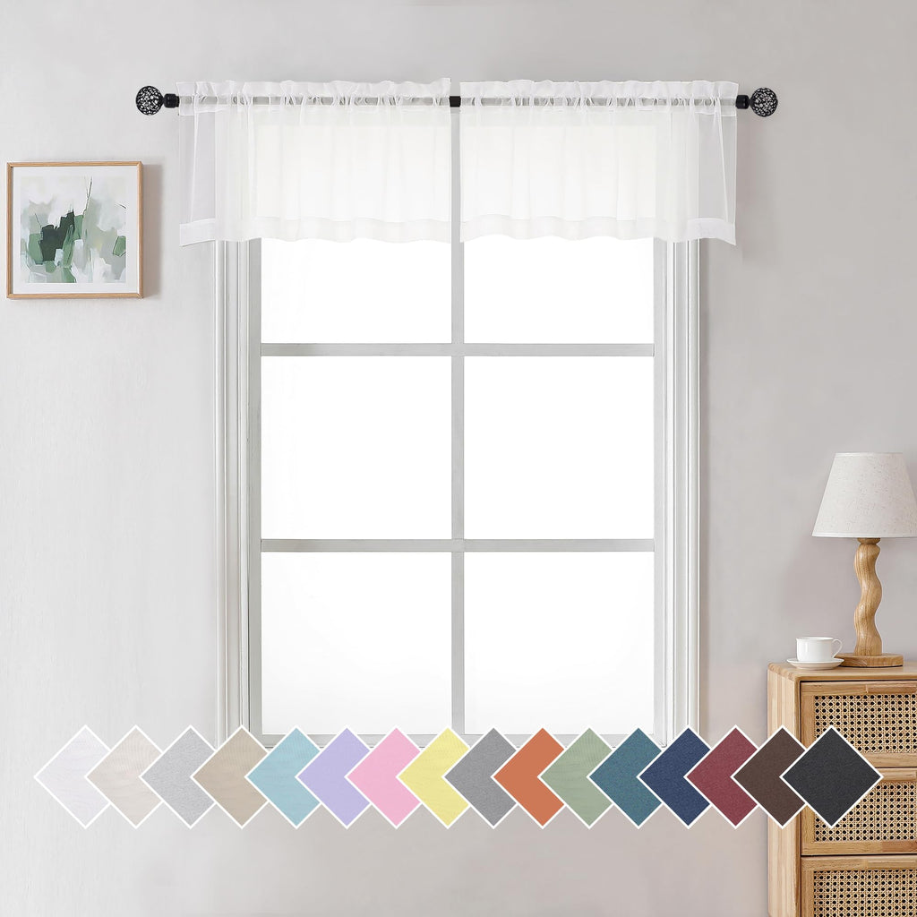 Aiyufneg White Sheer Window Valance Curtains, Light Filtering Kitchen Valances Windows Treatment, Small Voile Sheer Curtains For