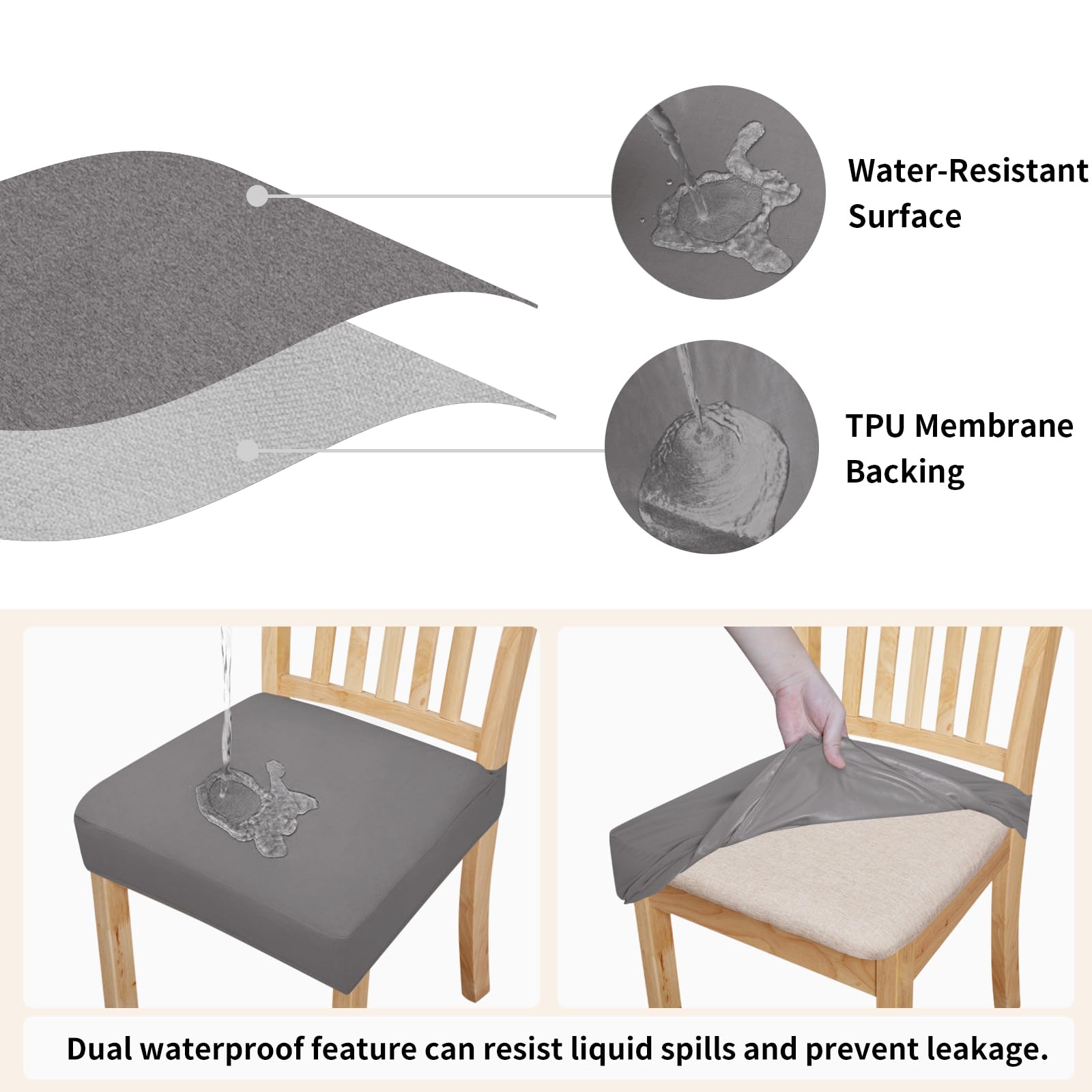 Easy-Going 100% Waterproof Seat Covers For Dining Room Chairs Set Of 4, Stretch Chair Seat Slipcovers Protector Removable And Washable Kitchen Dining Chair Covers, Light Gray