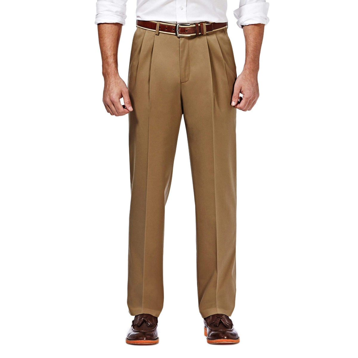 Haggar Mens Premium No Iron Khaki Straight Fit  Slim Fit Flat Front Casual Pant, British Khaki, 32W X 29L