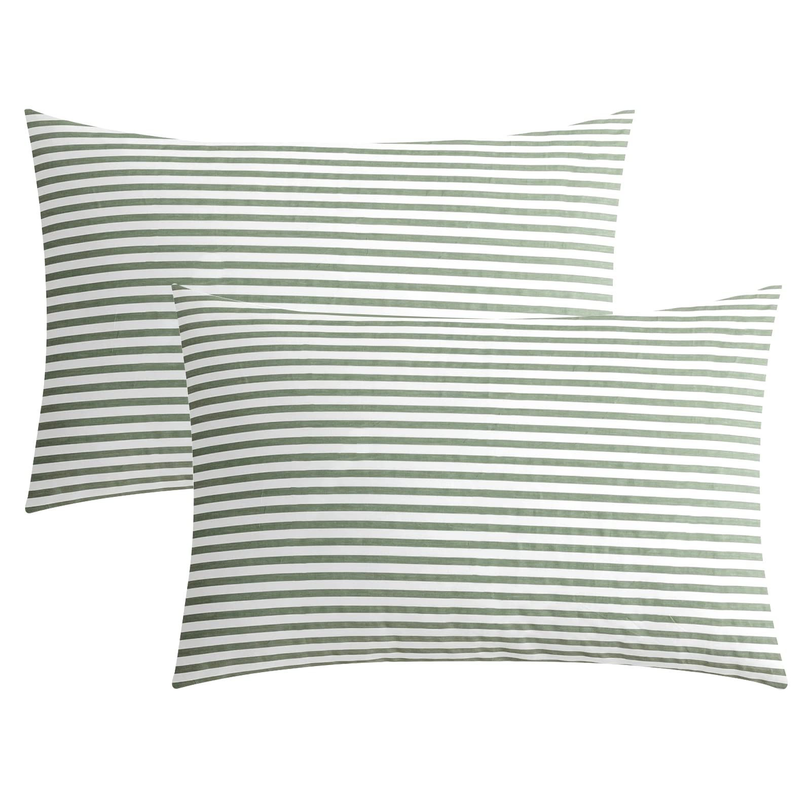 Jellymoni 100% Natural Cotton Striped King Pillowcases Set, 2 Pack White And Green Stripes Pattern Printed Pillow Covers With En