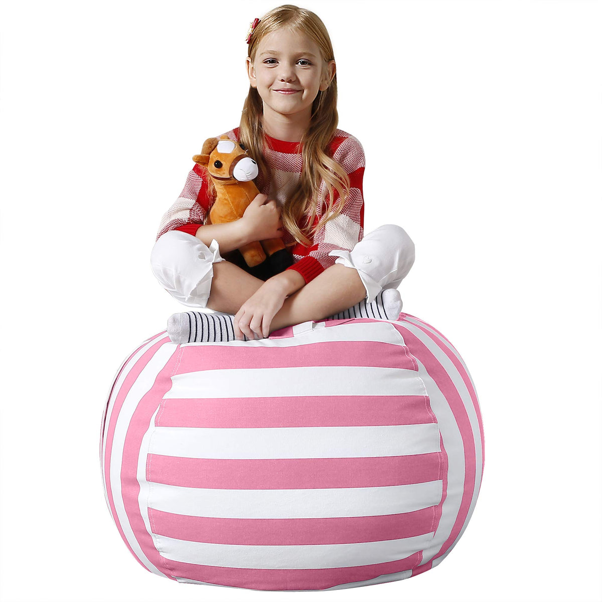 Aubliss Stuffed Animal Bean Bag Storage Chair, Beanbag Covers Only For Organizing Plush Toys, Turns Into Bean Bag Seat For Kids When Filled, Medium 32'-Canvas Stripes Pink/White