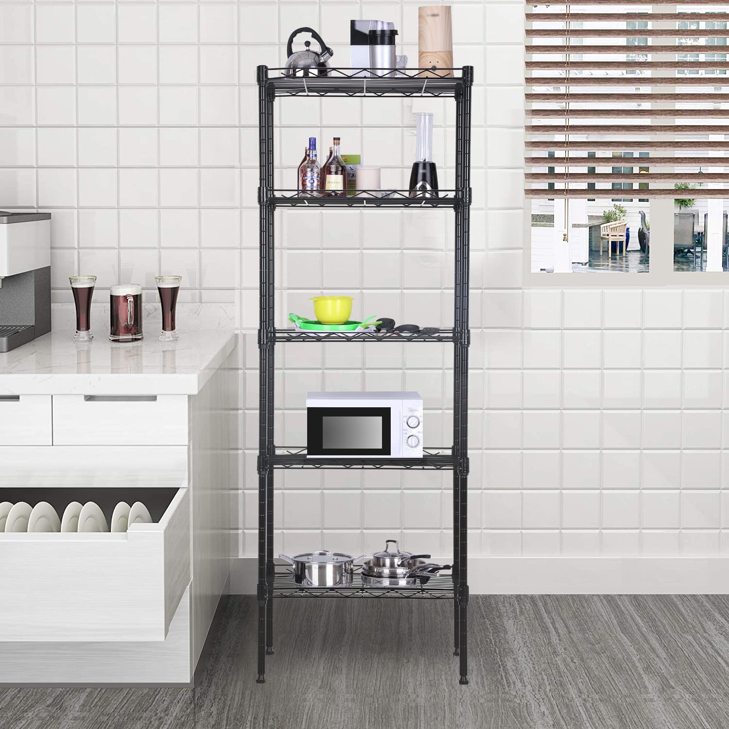 Adjustable Nsf-Certified Metal Shelf Wire Shelving Unit Storage For Small Places Restaurant Garage Pantry Kitchen Garage Rack (Black, 16.7L×11.8W×47.6H)