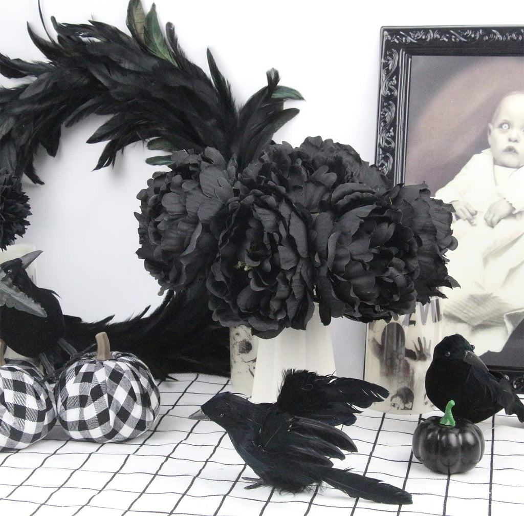 Tinsow Artificial Peony Flowers Black Silk Flowers Peony Bouqeut For Halloween Home Deorations Gothic Wedding (Black, 10)