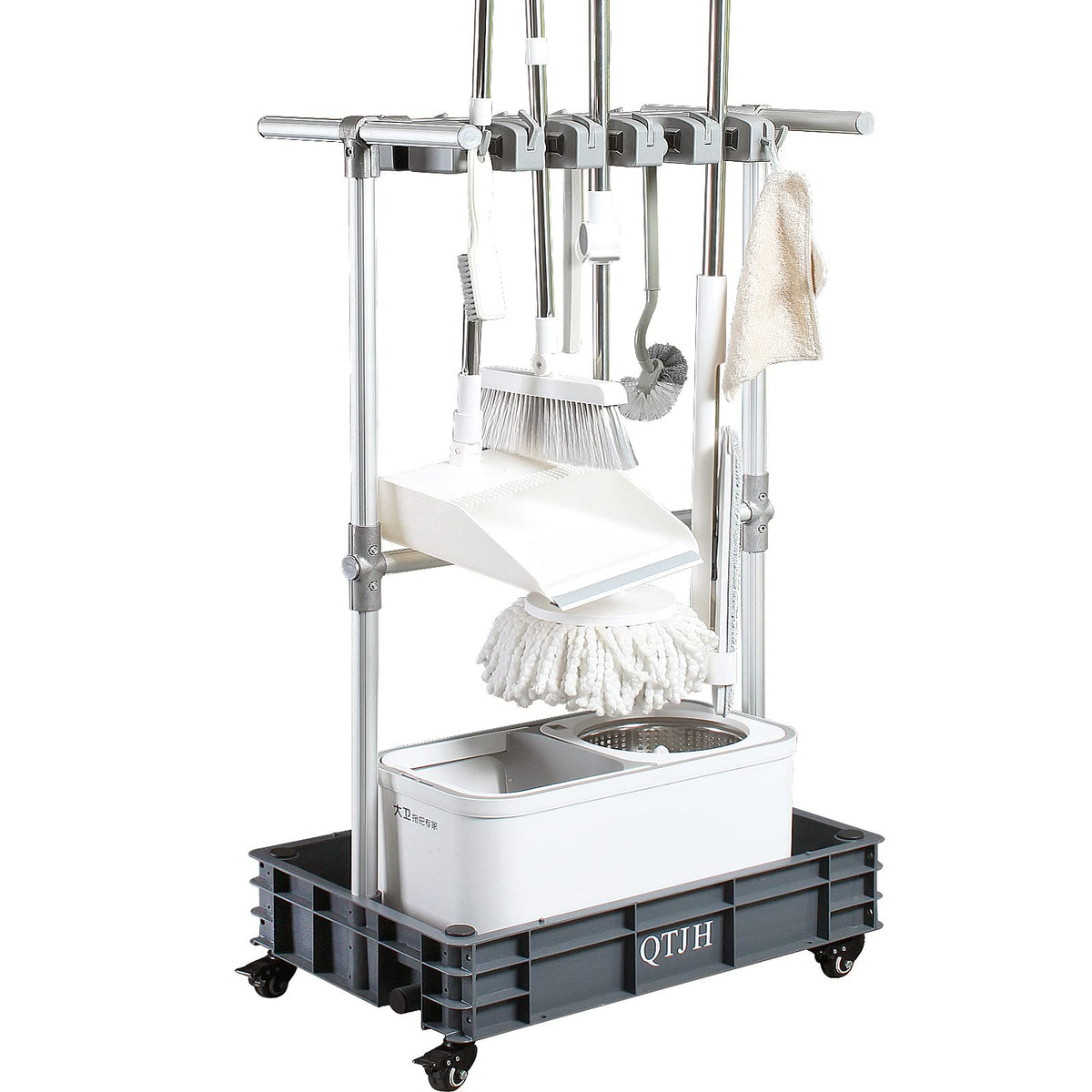 QTJH Broom mop holder cleaning supplies organizer janitorial carts on wheels housekeeping station storage tools for garage, gard