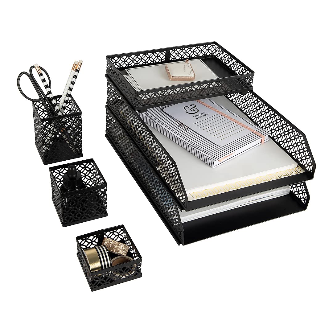 Blu Monaco Office Supplies Black Desk Accessories For Women-6 Piece Interlocking Stylish Desk Organizer Set- Pen Cup, 3 Accessor