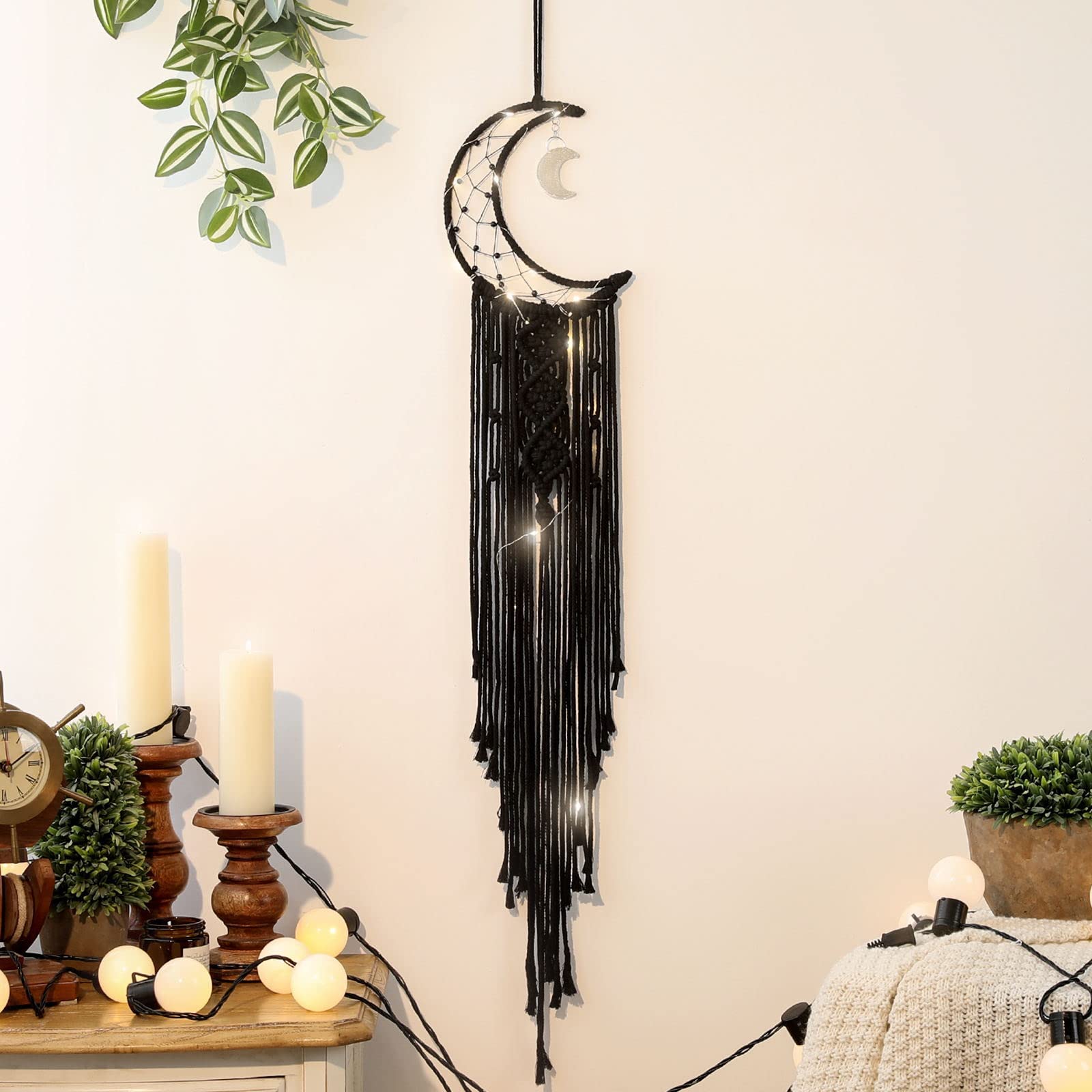 Black Macrame Moon Dream Catcher, Witchy Crescent Phase Woven Wall Hanging with Light, Handmade Gothic Bohemian Nursery Decor wi