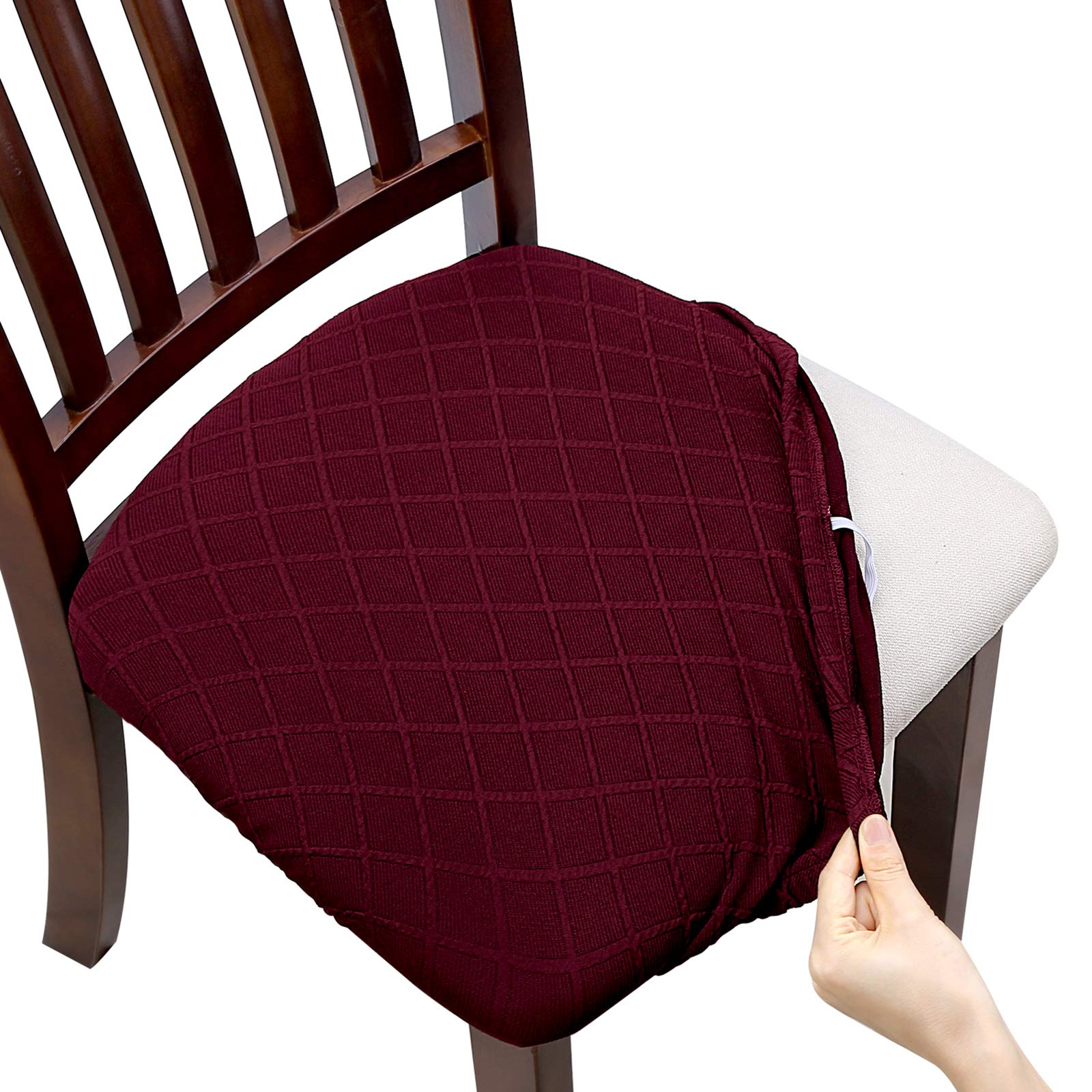 Fuloon Stretch Jacquard Chair Seat Covers Set Of 4, Removable Washable Dining Chair Covers Anti-Dust Dining Room Chair Covers Seat Cushion Slipcovers (4, Burgundy)