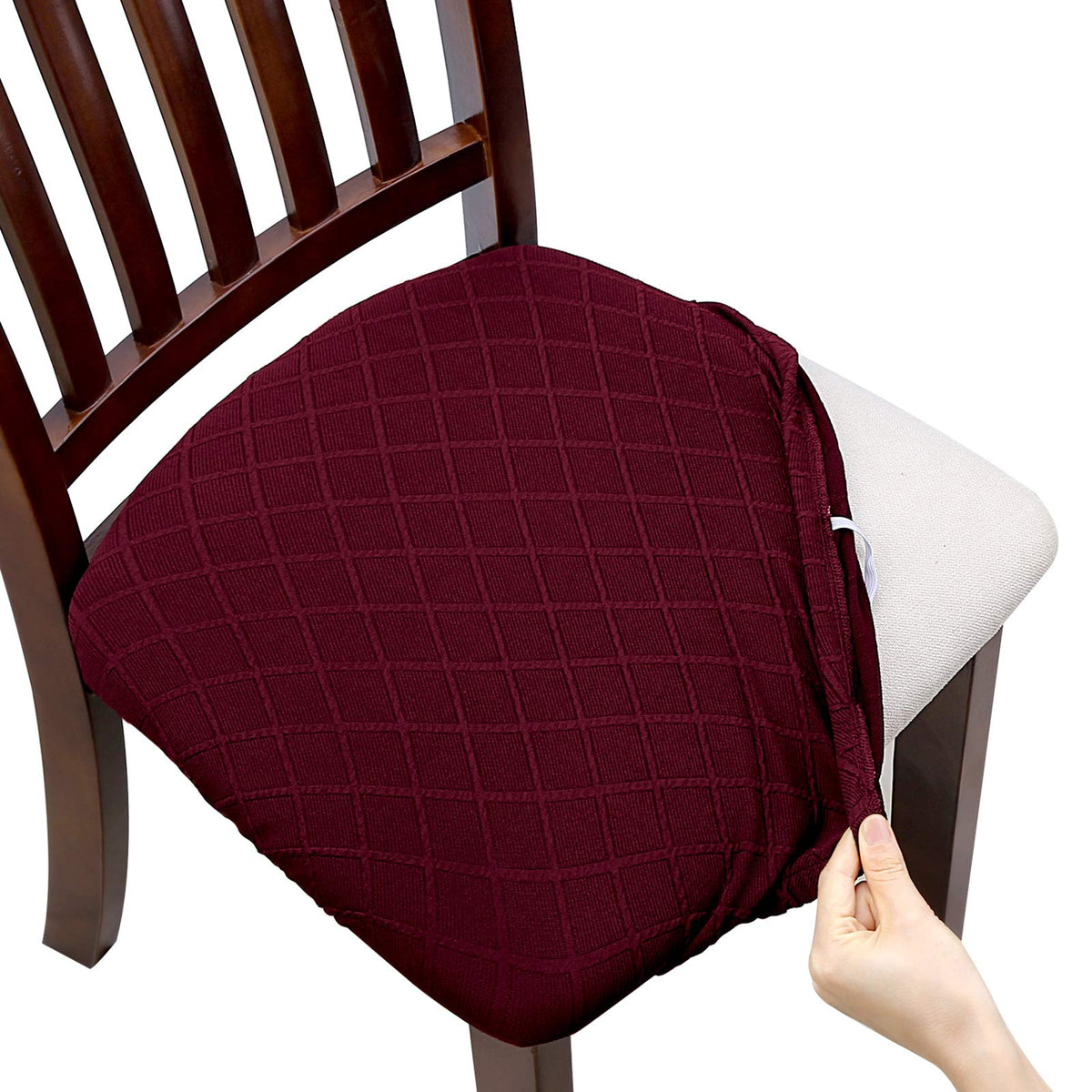 Fuloon Stretch Jacquard Chair Seat Covers Set Of 4, Removable Washable Dining Chair Covers Anti-Dust Dining Room Chair Covers Seat Cushion Slipcovers (4, Burgundy)