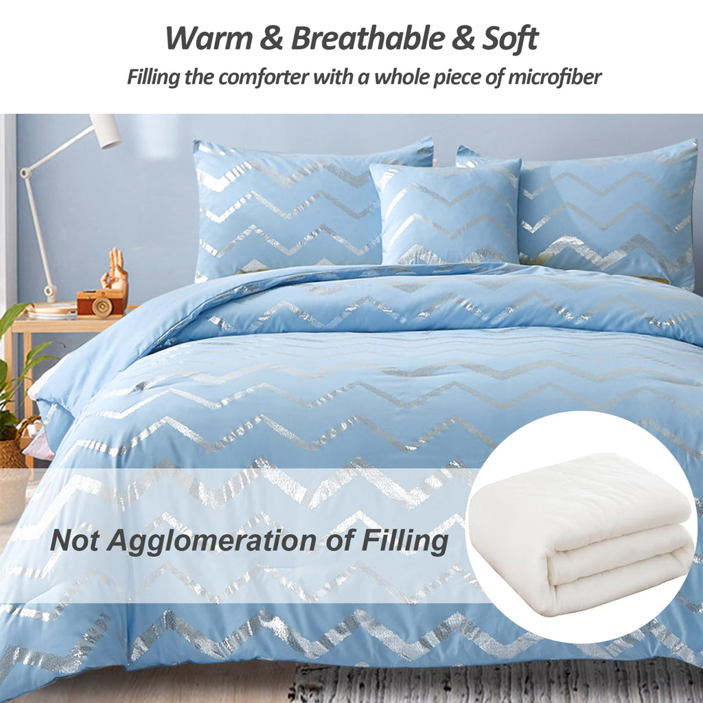 Menghomeus Blue/Silver Comforter Set Queen/Full Size Metallic Print Glitter Bedding Set Cute Shinny Bed Sets For Teen Girls Kids