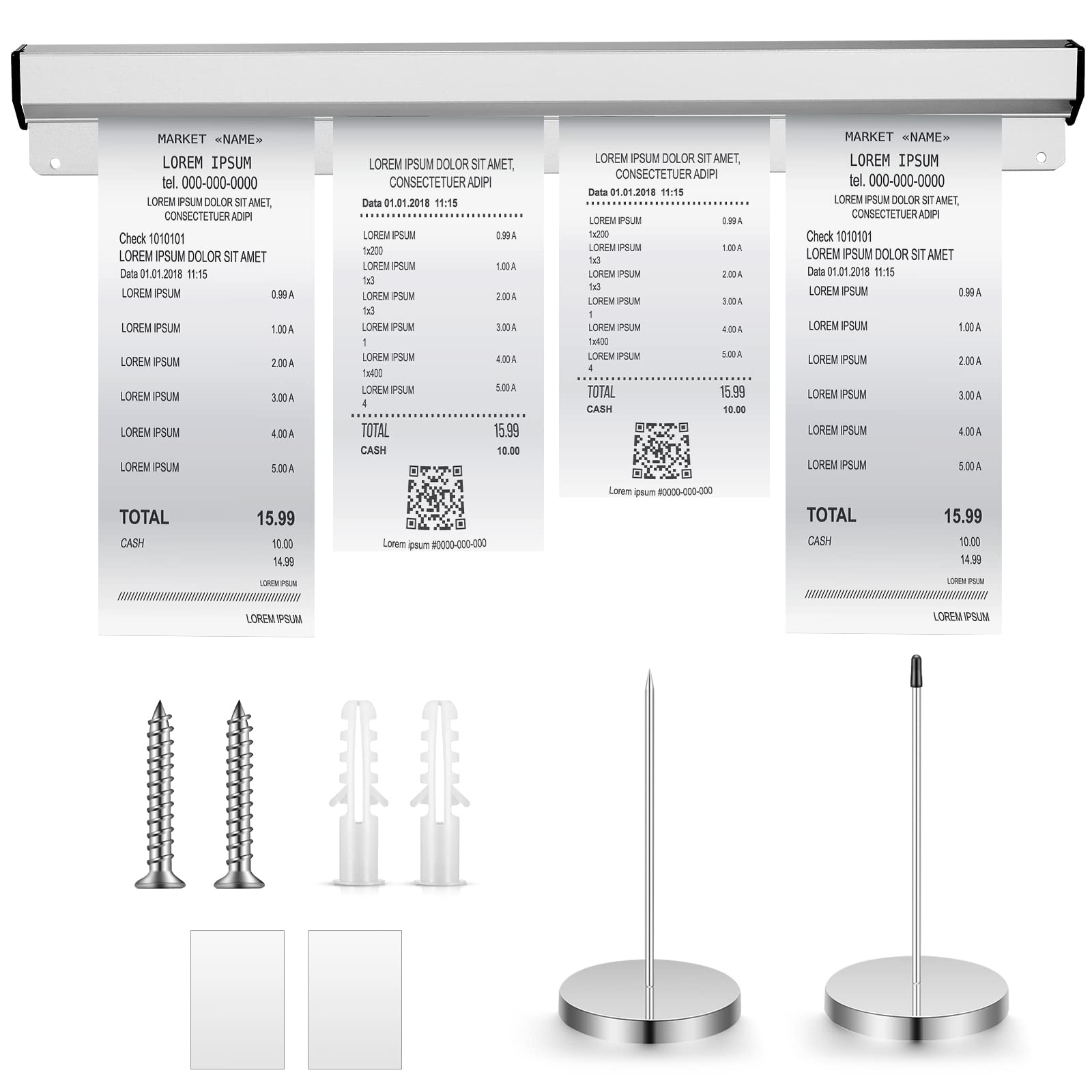 Aluminum Slide Check Rack With 2 Pcs Receipt Holder Spike Desk Receipt Holder Restaurant Ticket Holder Silver Ticket Rail Bill O
