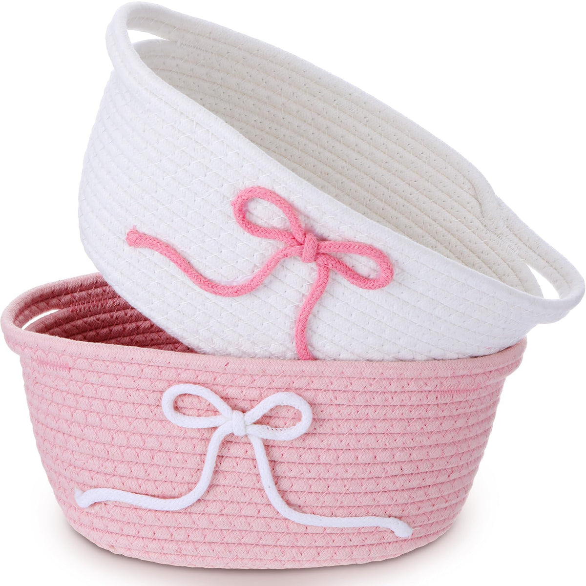 Glooglitter 2 Pcs Pink Bow Cotton Rope Baskets with Handles, Solid Color