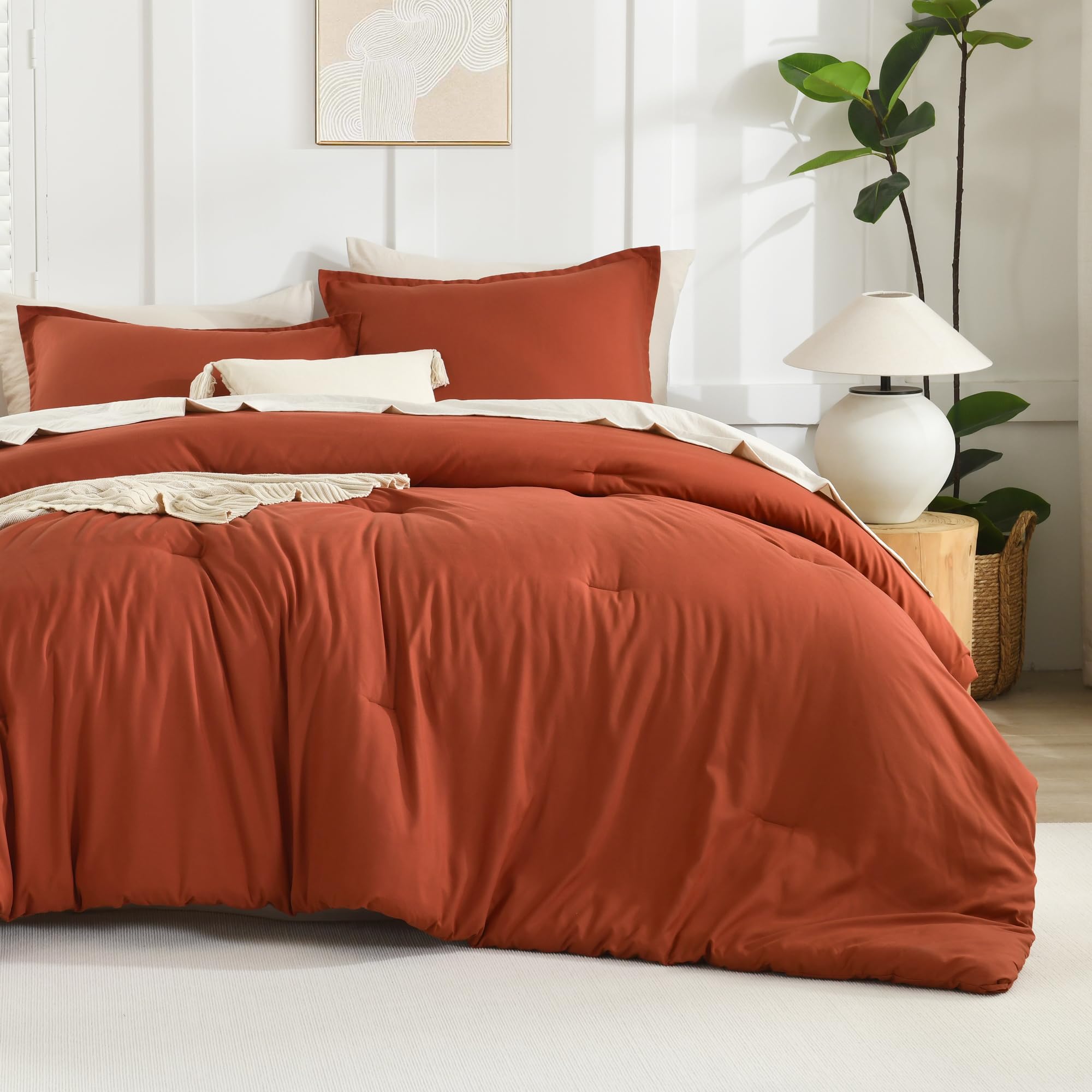 Litanika Comforters Burnt Orange Oversized King Size, 3 Pieces Lightweight Solid Bedding Comforter Set, All Season Fluffy Bed Se