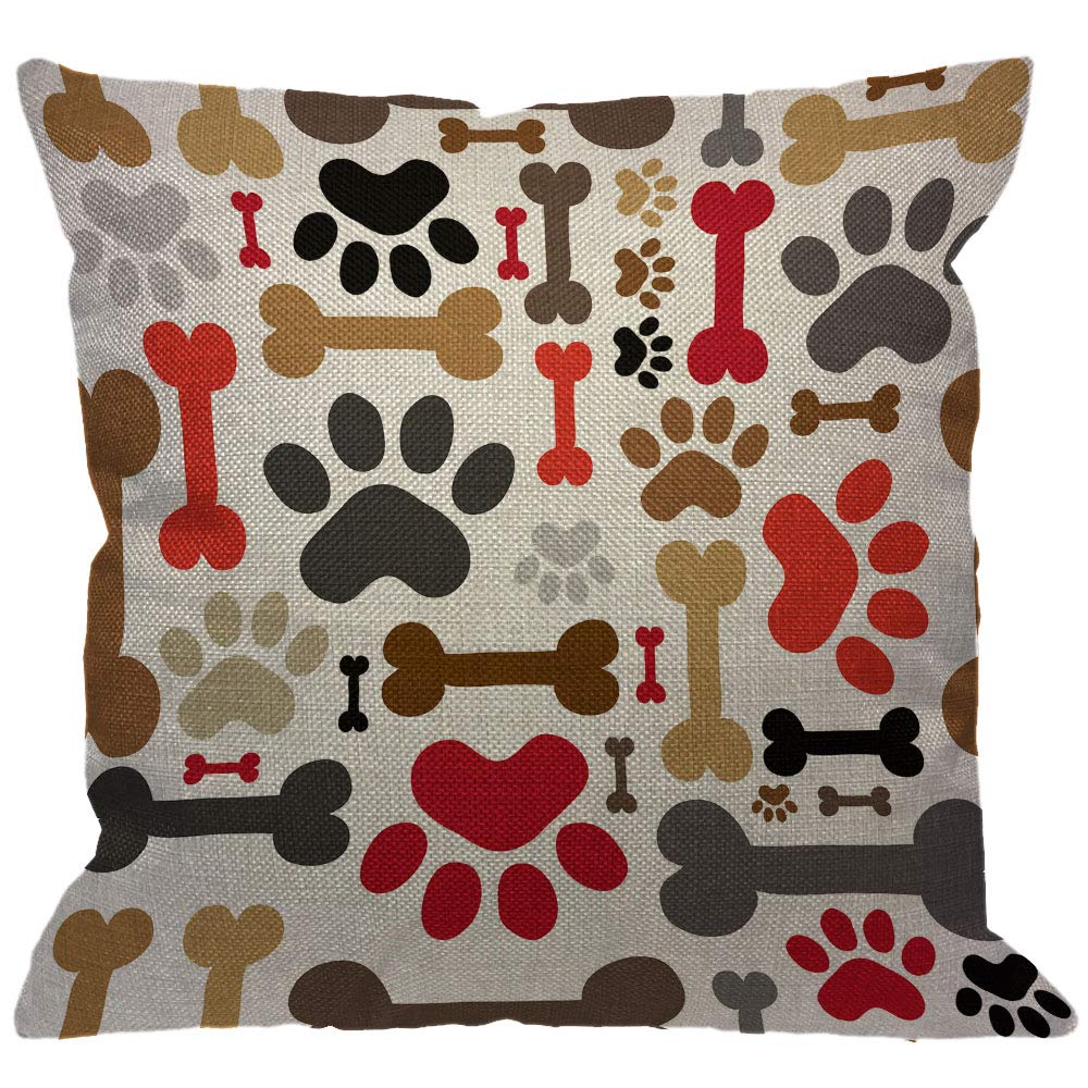 Hgod Designs Dogs Paws And Bones Throw Pillow Cover,Lovely Cartoon Adorable Footprint Decorative Pillow Cases Cotton Linen Squar