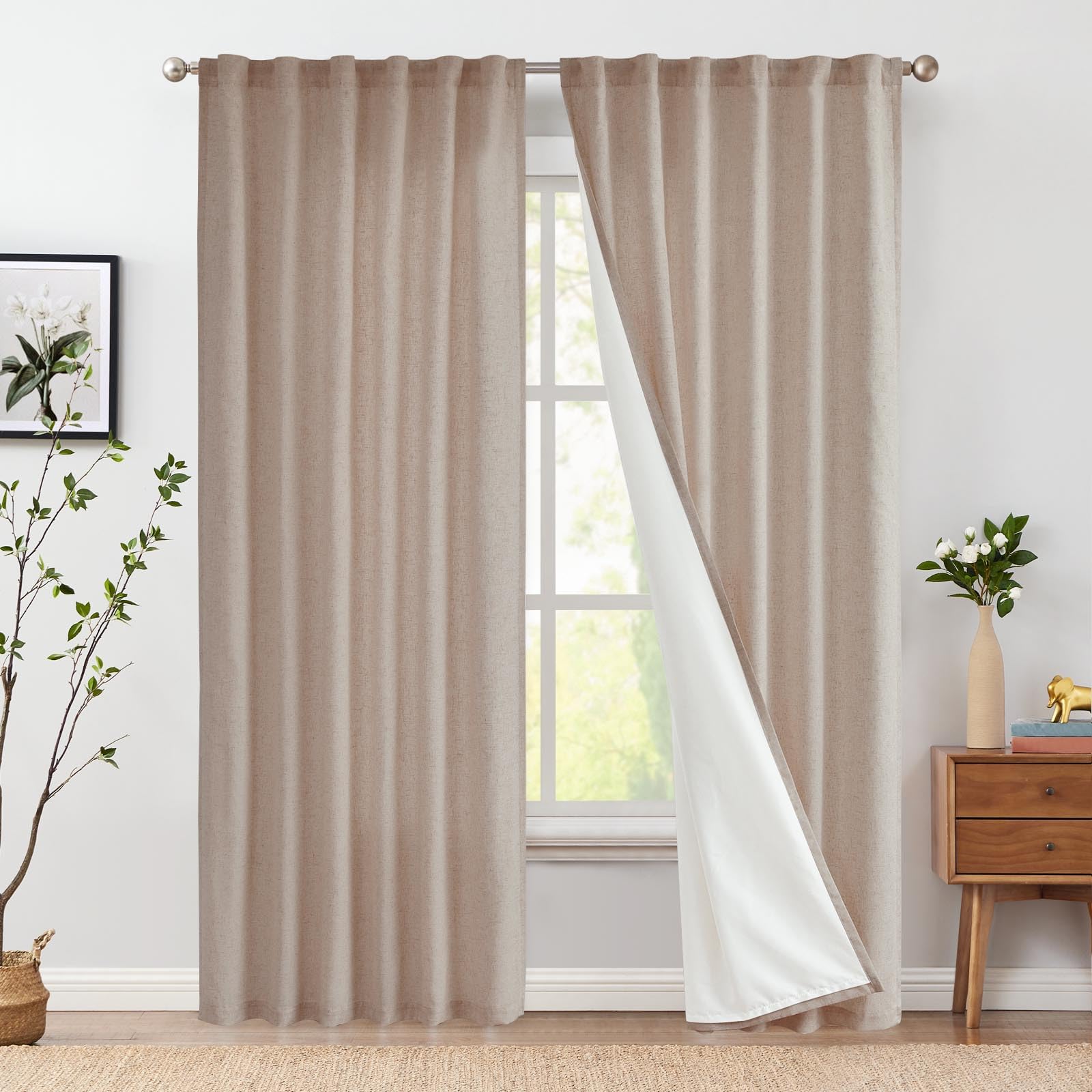 Jinchan Linen Blend Curtains 84 Inch Long For Living Room Farmhouse Rod Pocket Back Tab Light Filtering Window Drapes With Lined For Bedroom Taupe 2 Panels