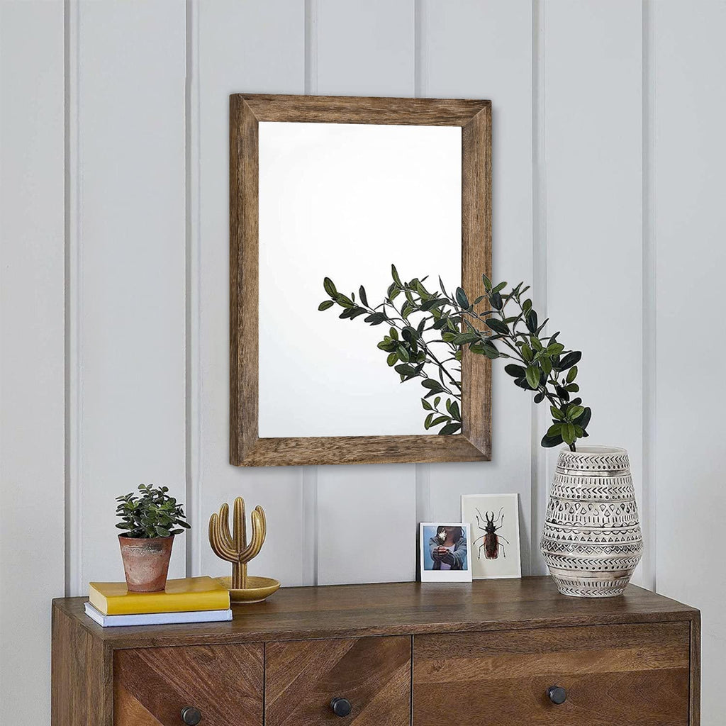Aazzkang Rustic Wood Mirror Rectangle Decorative Wall Mirror With Frame Bedroom Living Room Bathroom Hanging Mirror Brown