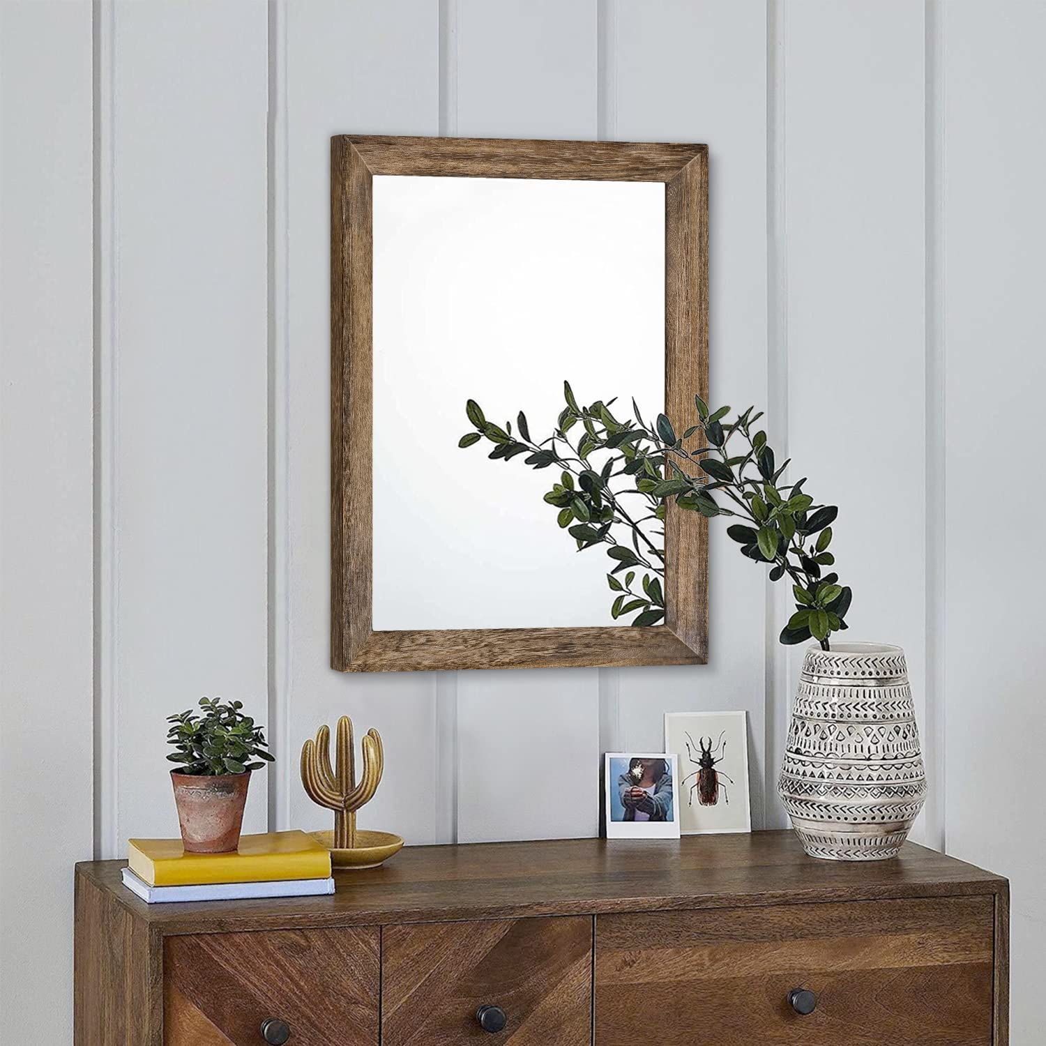 Aazzkang Rustic Wood Mirror Rectangle Decorative Wall Mirror With Frame Bedroom Living Room Bathroom Hanging Mirror Brown