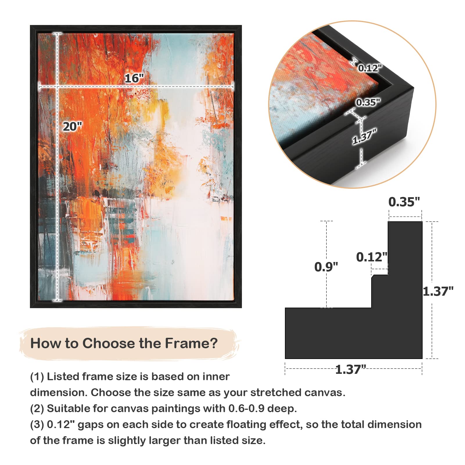 Folkor Floating Canvas Frame For 16X20 Inch Painting, 2 Pack Floater Frame For Canvas Prints, 0.9'' Rabbet Depth Art Frame For W