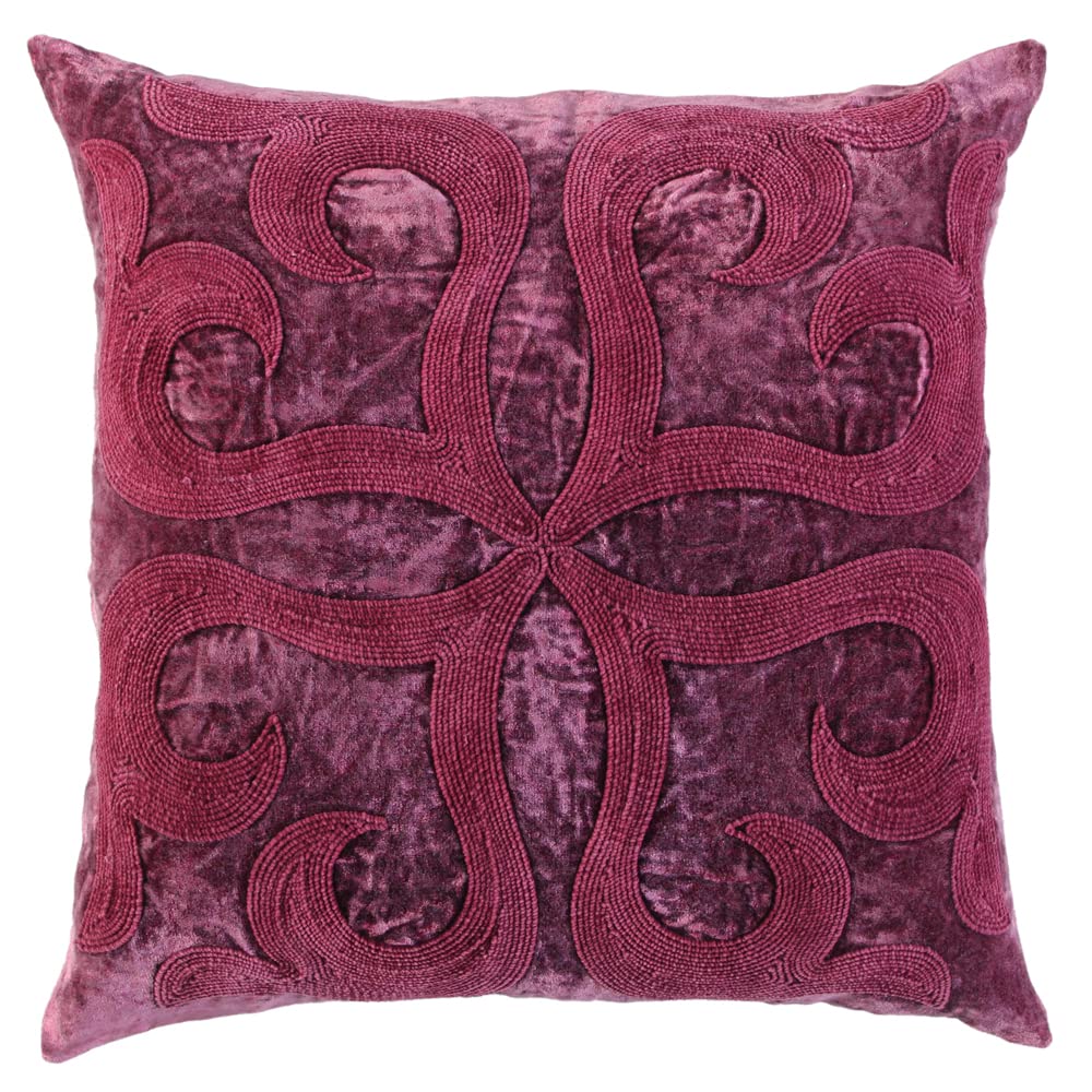 Rizzy Home Medallion 20&quot; Down Pillow with Cotton Viscose Velvet Cover-Merlot