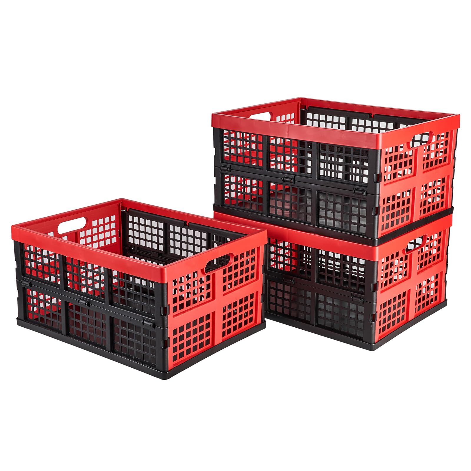 Aebeky 3-Pack Plastic Collapsible Storage Crates-30L,Foldable Plastic Crates For Storage (Black+Red)