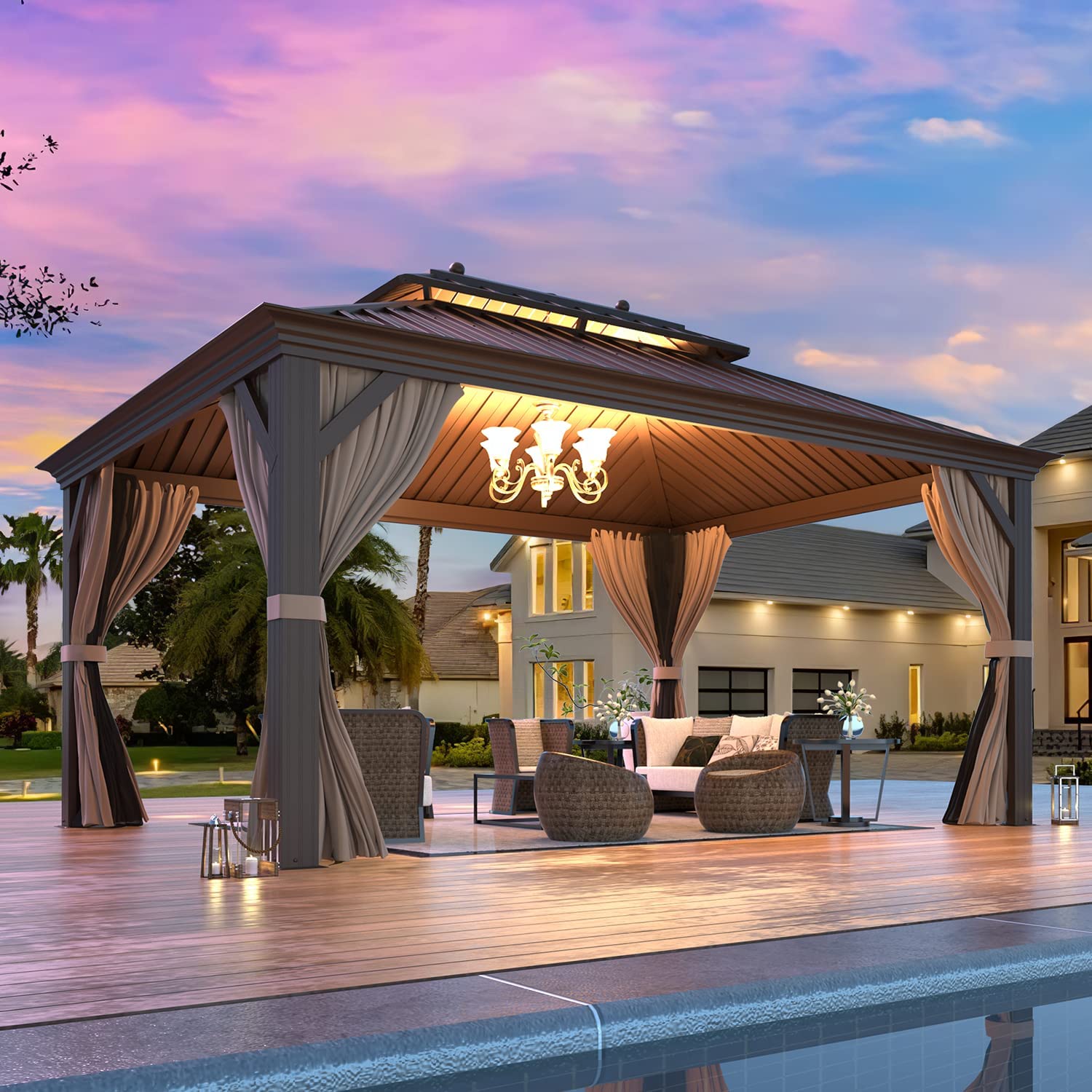 Mellcom 12'X16' Hardtop Gazebo, Galvanized Steel Metal Double Roof Aluminum Gazebo With Curtains And Netting, Brown Permanent Pa