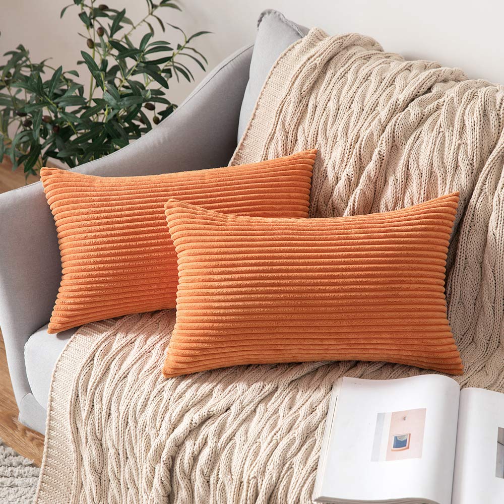 Miulee Pack Of 2 Orange Pillow Covers 12X20 Inch Soft Boho Striped Corduroy Throw Pillow Covers Set Decorative Square Cushion Ca