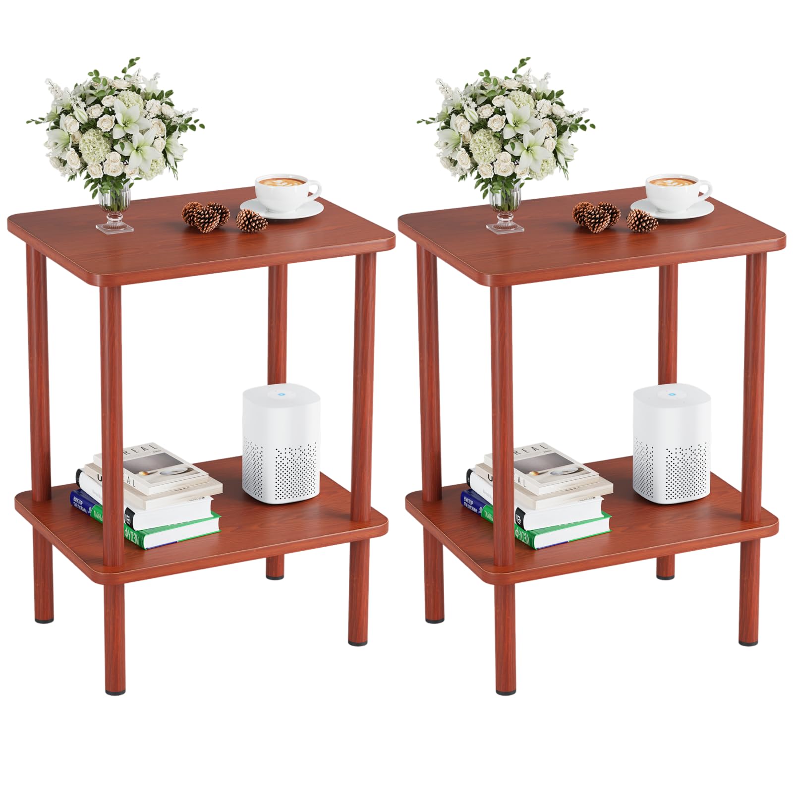 Apicizon 2 Tier End Table Set Of 2, Boho Side Table With Storage Shelf, Nightstand Bedside Table For Small Spaces, Bedroom, Living Room, Entryway, Farmhouse, Easy Assembly, Vintage Brown