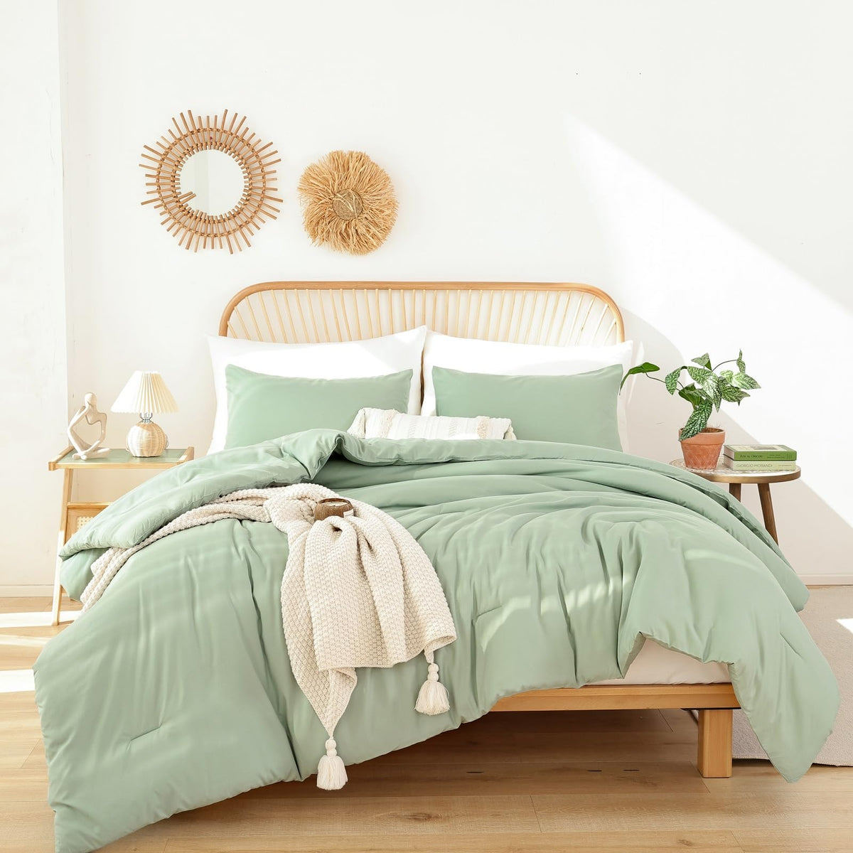 Rosgonia California King Comforter Set Sage Green,3Pcs(1 Boho Cal King Comforter & 2 Pillowcases),Sage Green California King Bed