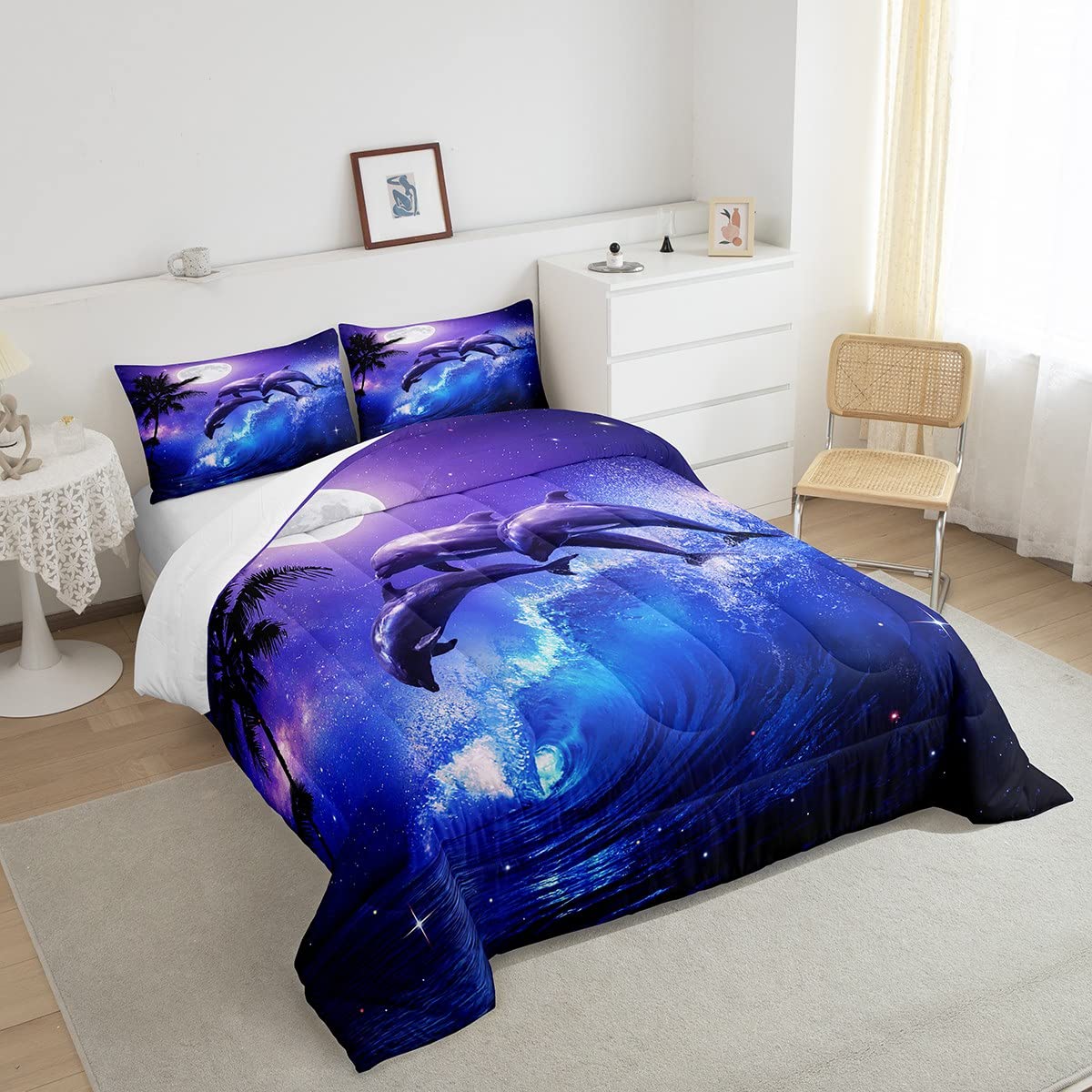 Castle Fairy 3D Dolphin Pattern Comforter Set King Size Dolphin Sea Jumping Bedding Set Decor Underwater World Sea Aniamls Comforter Night Moonlight Blue Purple Duvet Set