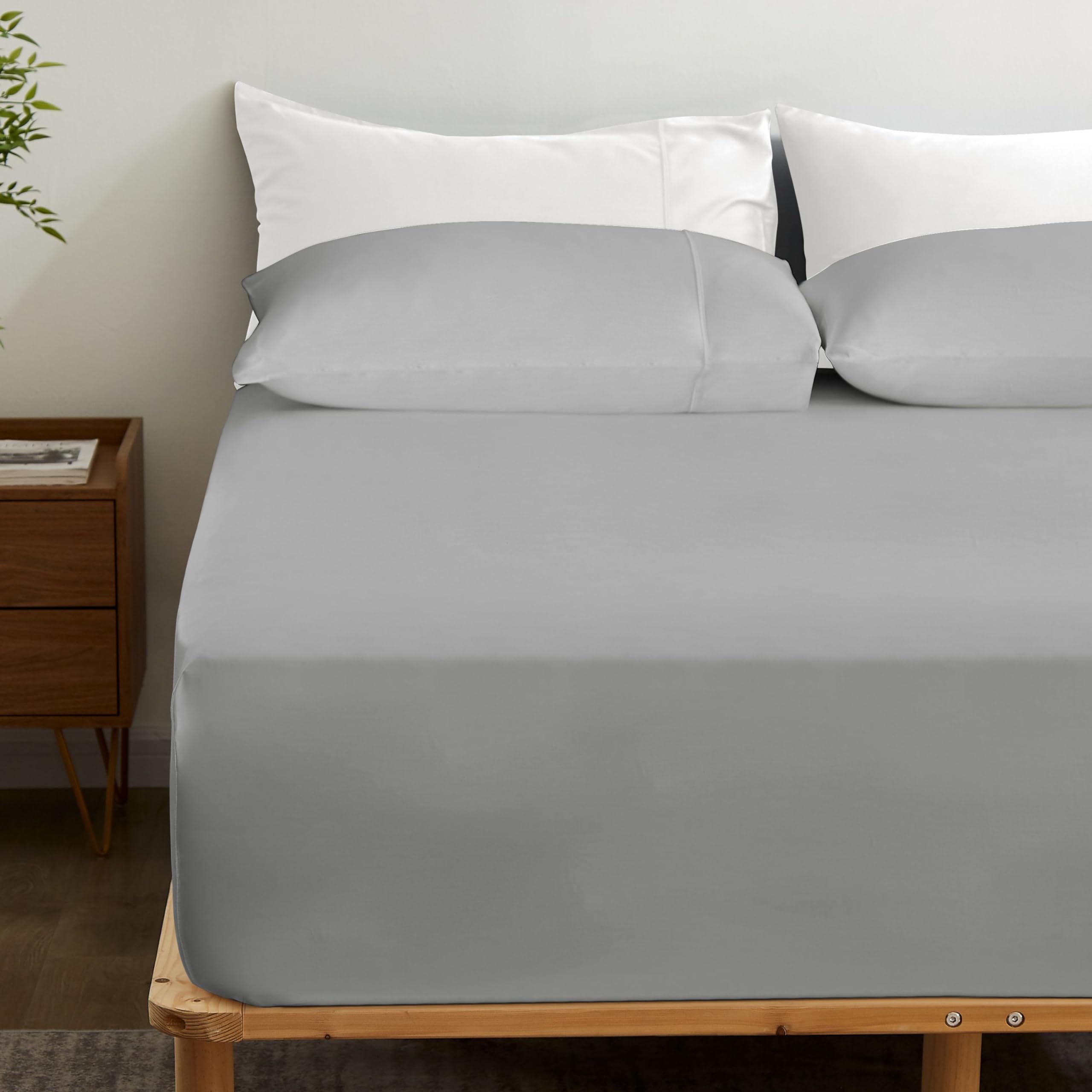 Gokotta Bamboo Rayon Fitted Sheet And Pillow Cases, Super Soft Cooling Fitted Sheet With 4 Elastic Corner Straps - 16'' Pocket F