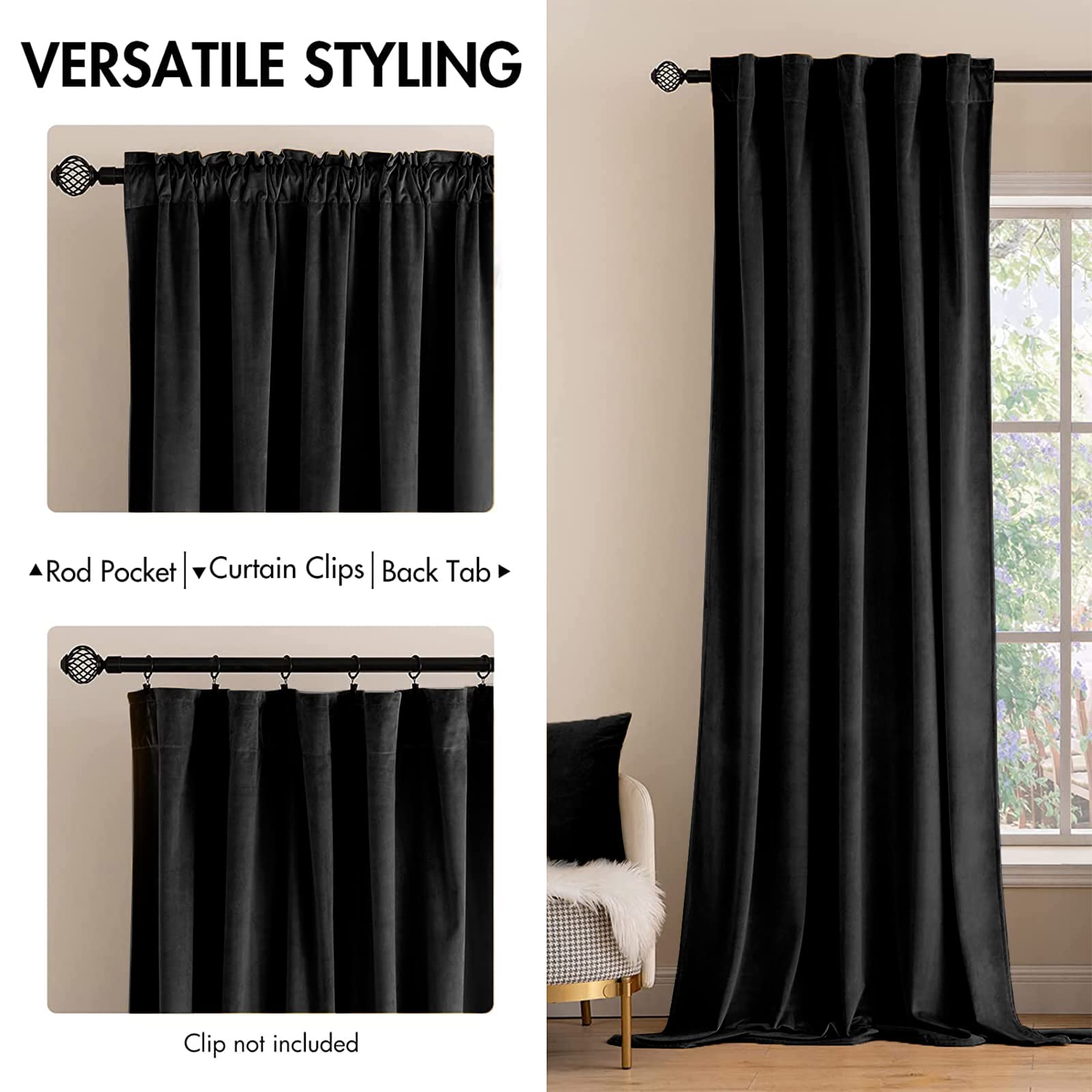 Miulee Black Velvet Curtains 2 Panels Luxury Blackout Curtains For Bedroom Living Room Thermal Insulated Super Soft Window Drapes Rod Pocket & Back Tab, W52 X L72 Inches