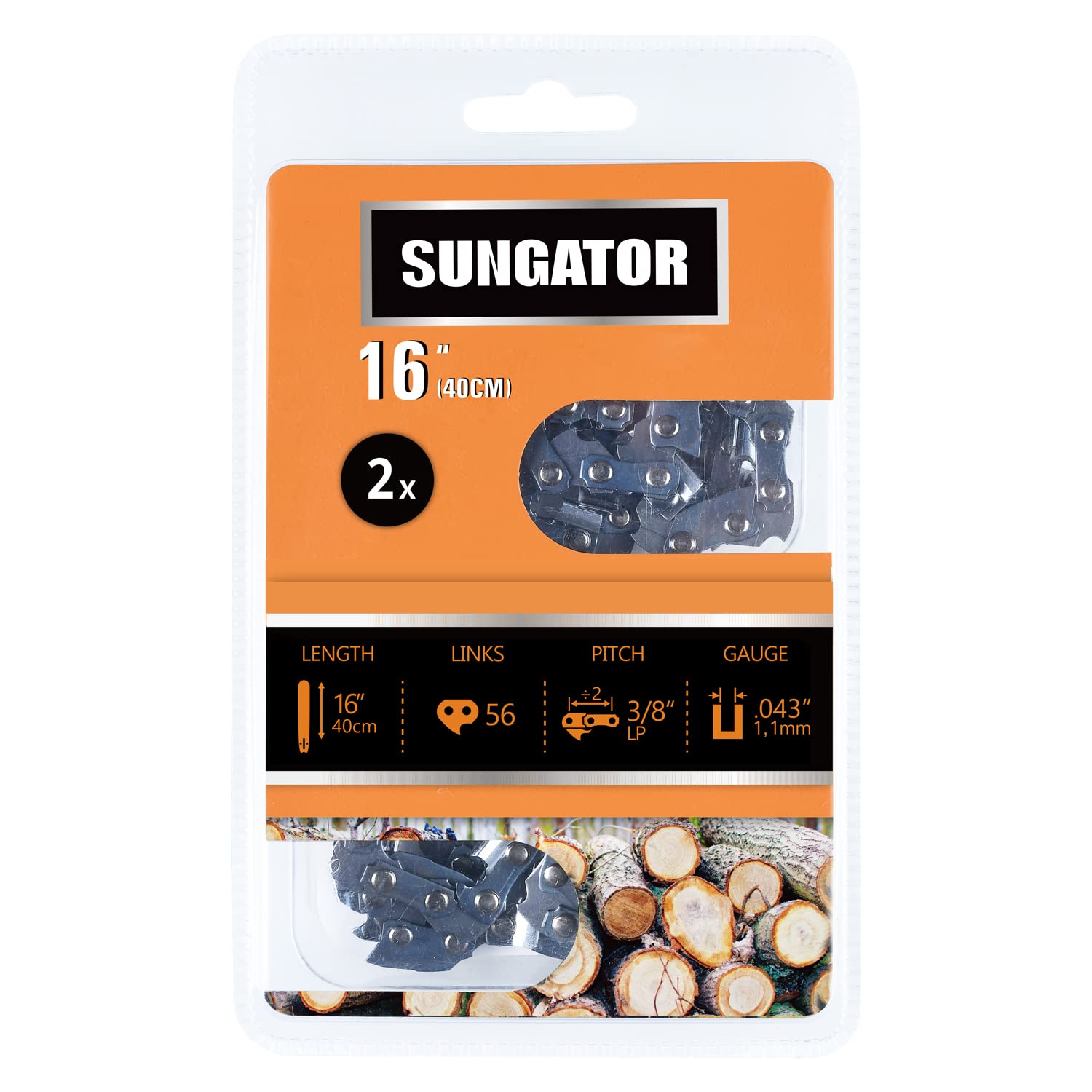 Sungator 2-Pack 16 Inch Chainsaw Chain Sg-R56, 3/8' Lp Pitch - .043' Gauge - 56 Drive Links, Compatible With Poulan, Greenwork