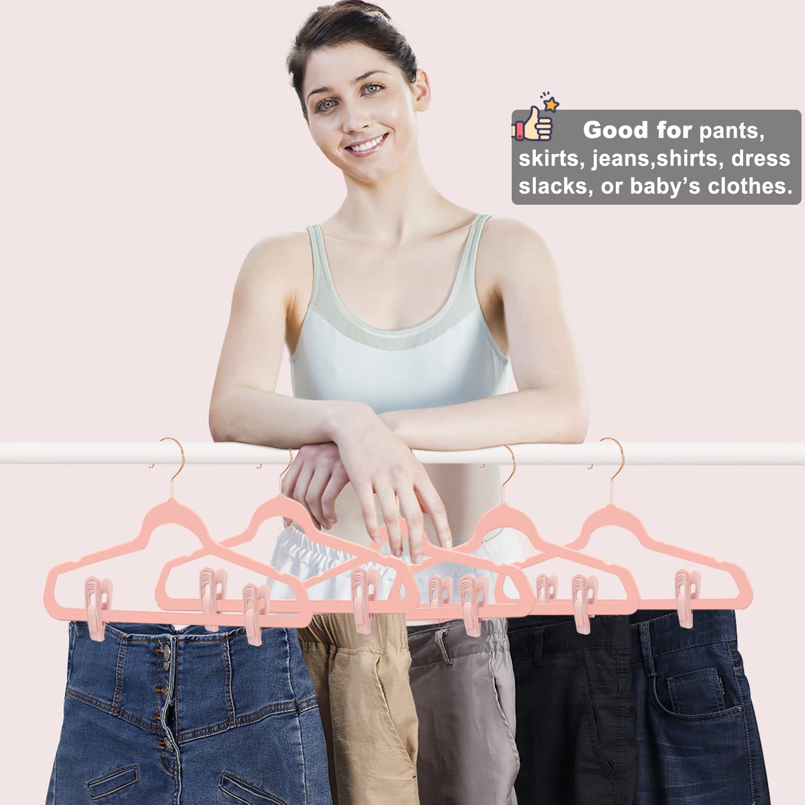 Tofiigrem Light Pink Velvet Hanger Clips (60-Pack), Non-Slip Strong Velvet Hanger Clip For Velvet Hangers, Pants Skirt Felt Hang