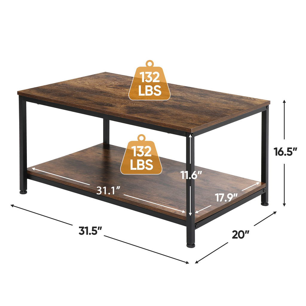 Super Deal 2-Tier Industrial Coffee Table With Storage Shelf For Small Apartment Living Room, Rectangle Wood And Stable Metal Tv Stand Side End Table, Rustic Brown