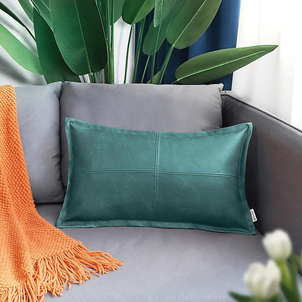 Brawarm Teal Leather Throw Pillow 12 X 20 Inches, Faux Leather Pillow Cover With Piping, Hand Stitched Leather Decorative Lumbar