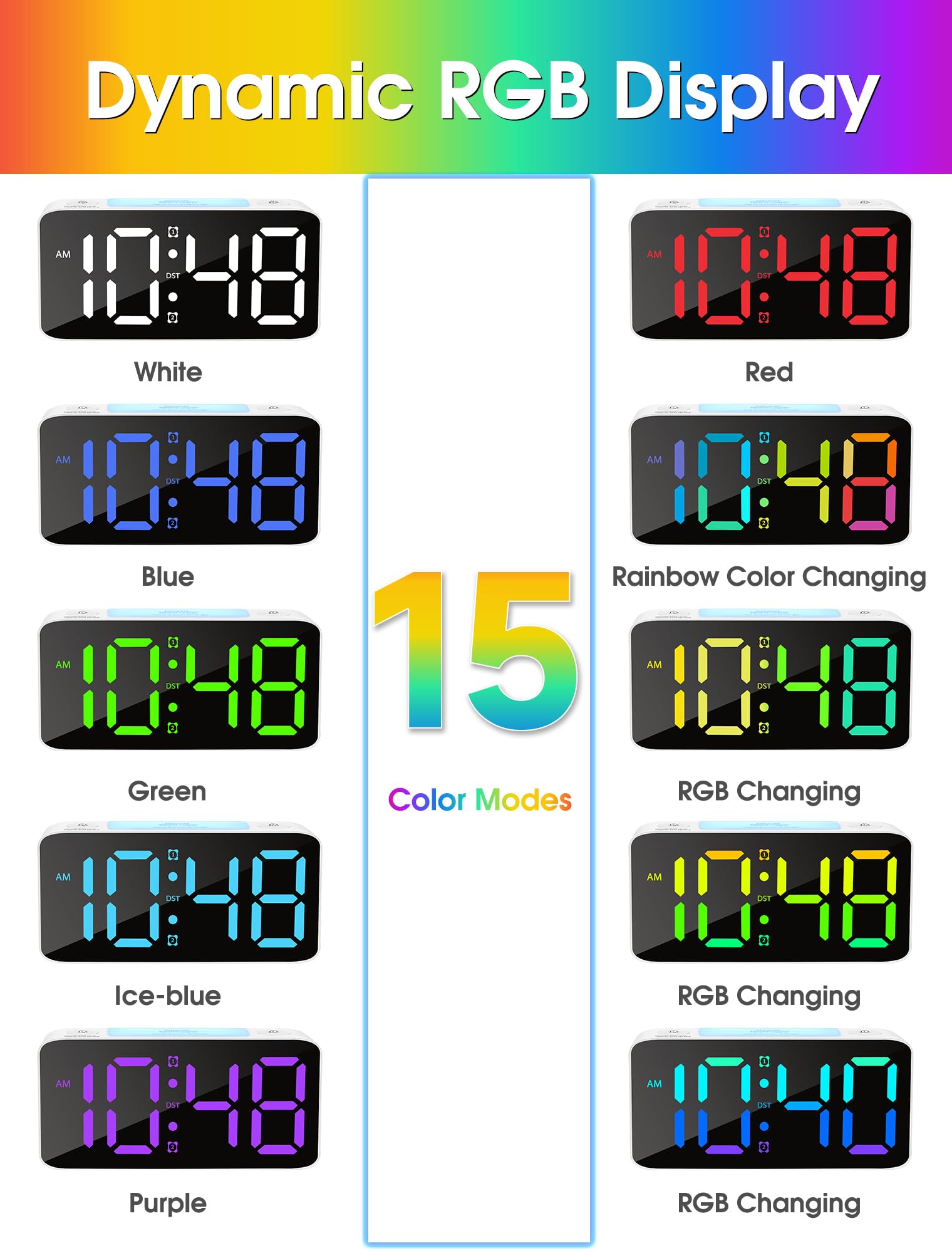 Cadmos Super Loud Alarm Clock for Heavy Sleepers, Digital Clock with RGB Night Light, Adjustable Volume, USB Charger - White