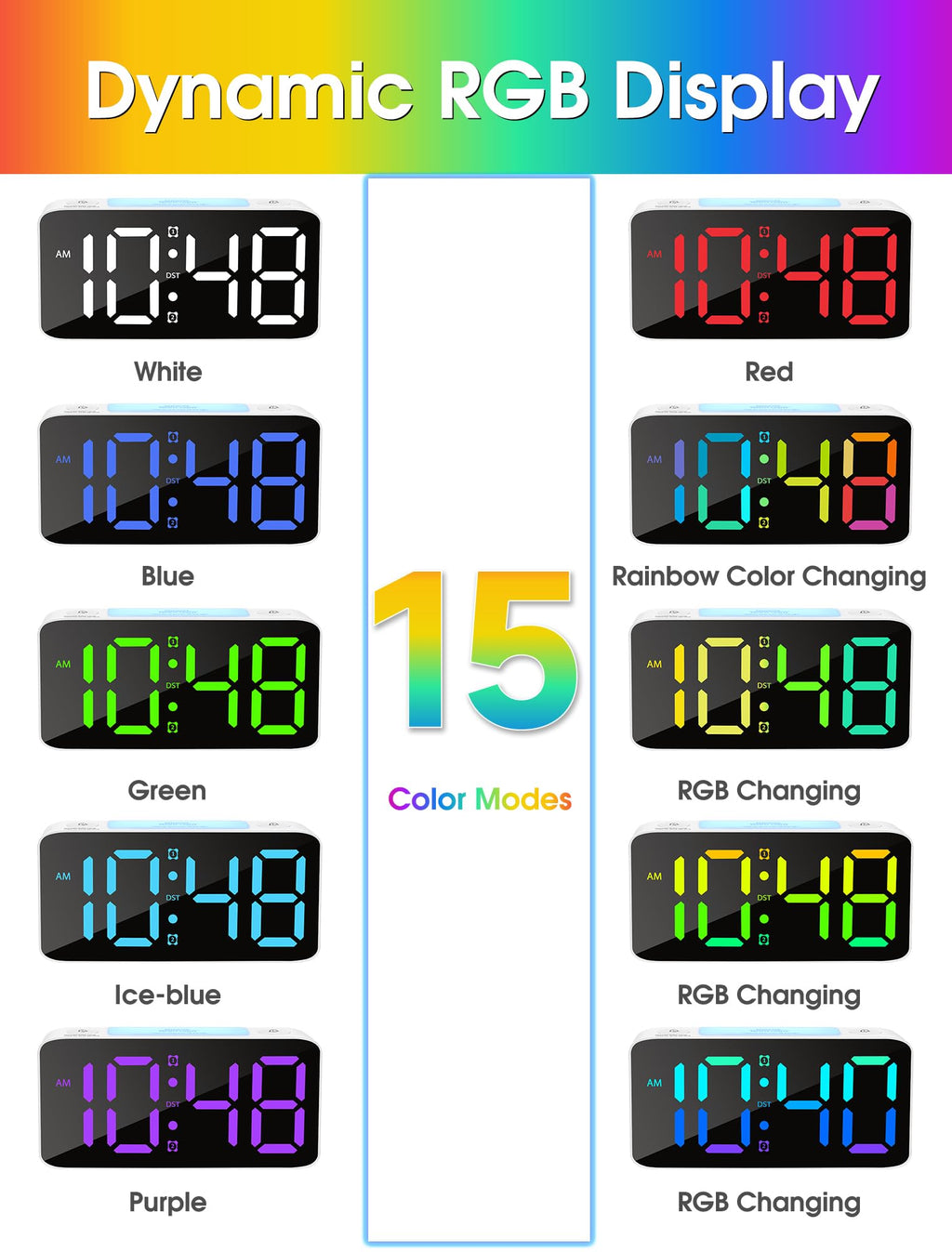 Cadmos Super Loud Alarm Clock for Heavy Sleepers, Digital Clock with RGB Night Light, Adjustable Volume, USB Charger - White