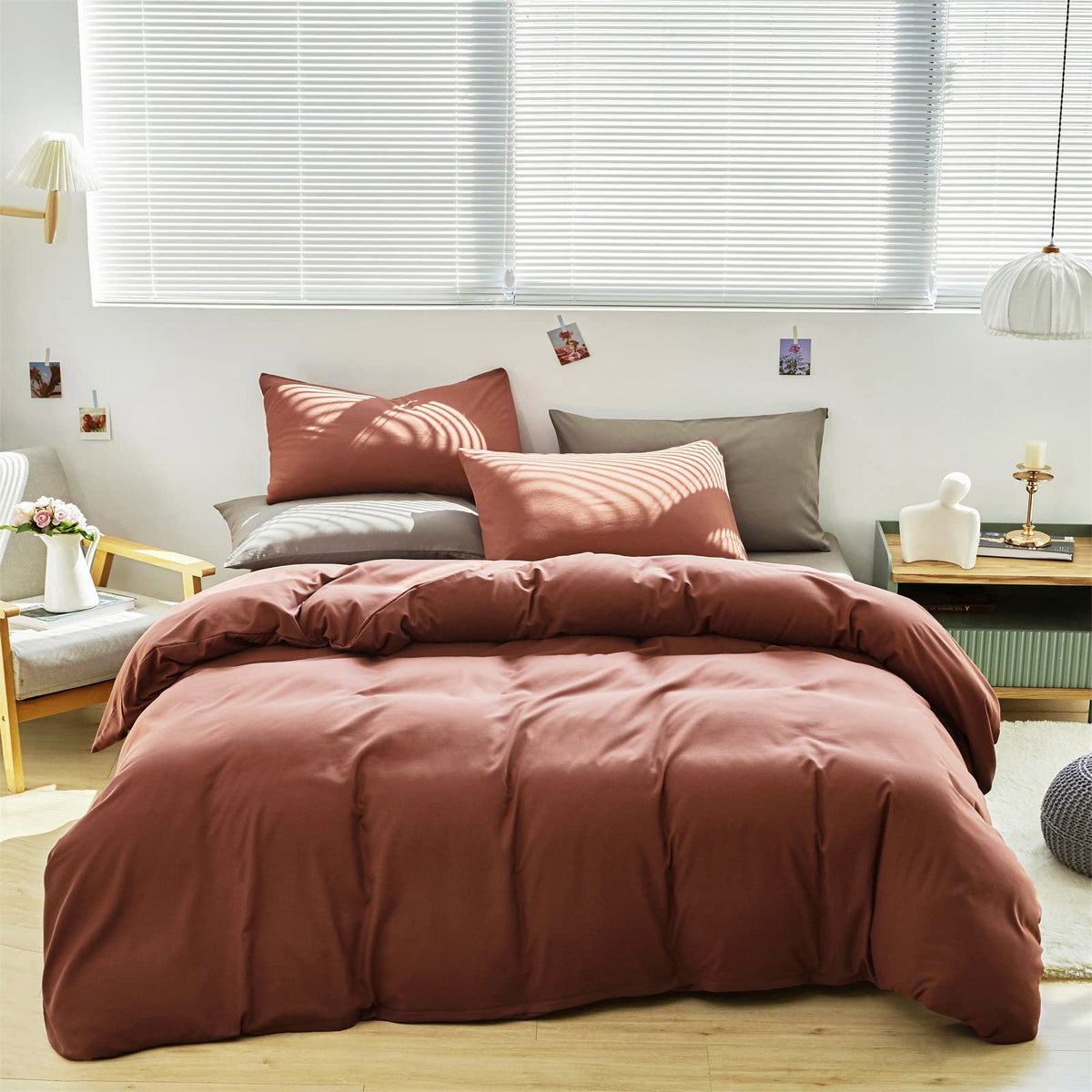 Cottonight Brick Red Comforter Set California King Marroon Bedding Comforter Set Solid Modern Cotton Blackish Red Blanket Quilts