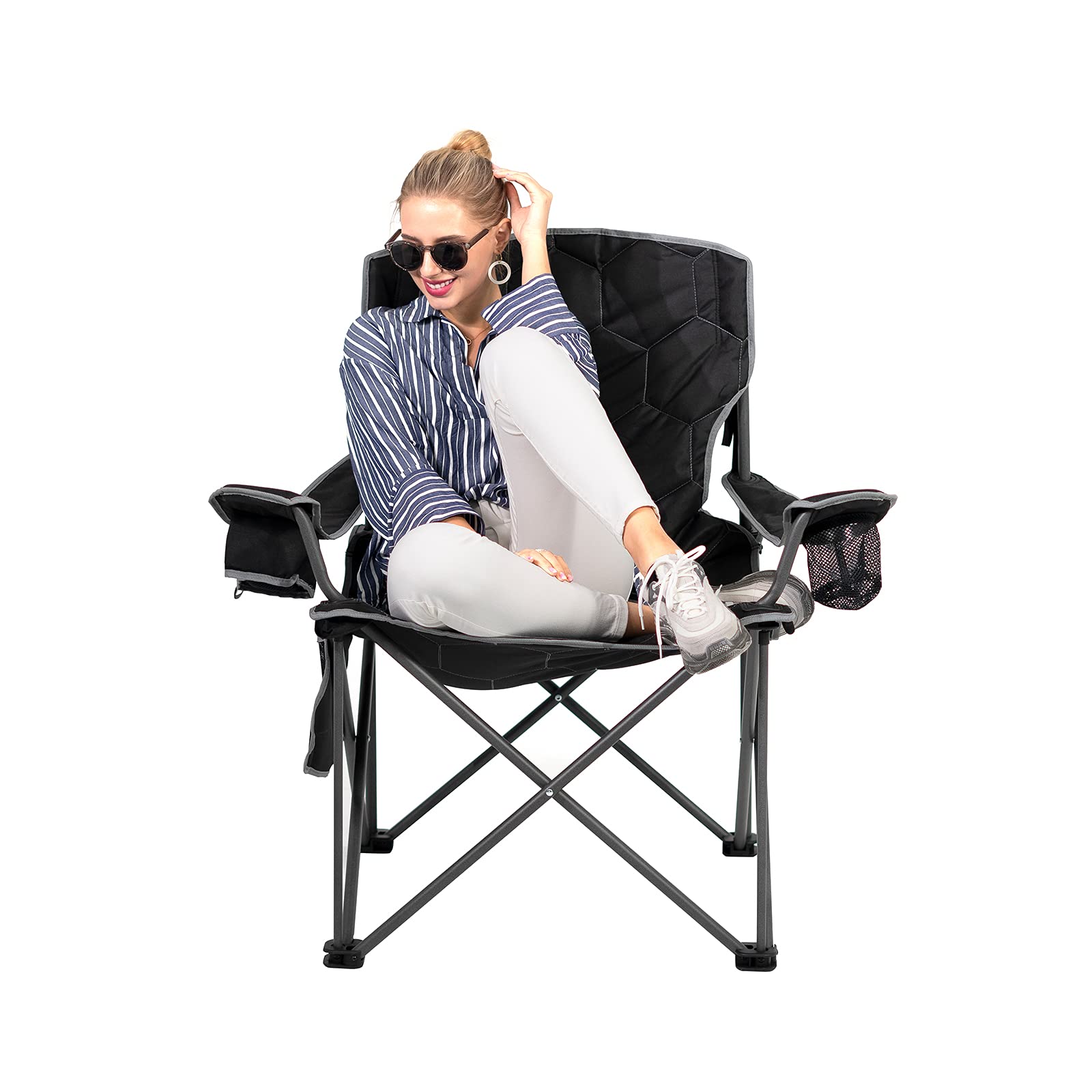SUNNYFEEL Oversized Folding Camping Chair 500 LBS Heavy Duty Lawn Chairs with Black Portable Folding with Armrest, Cup Holder, P