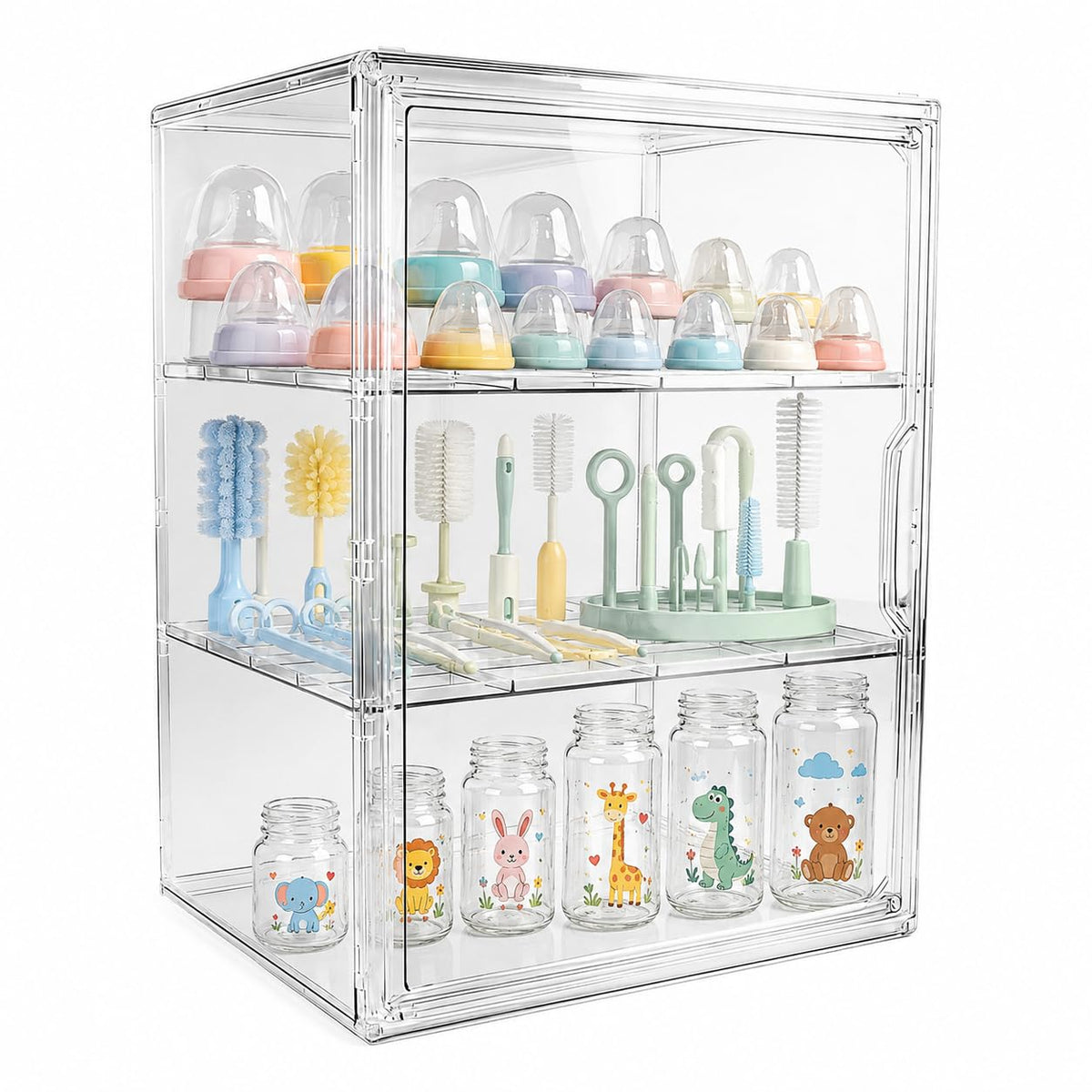 Baby Bottle Organizer, 3 Tiers Adjustable Clear Acrylic Bottles Storage Station Case Box Container, Clear Plastic Bottle Station