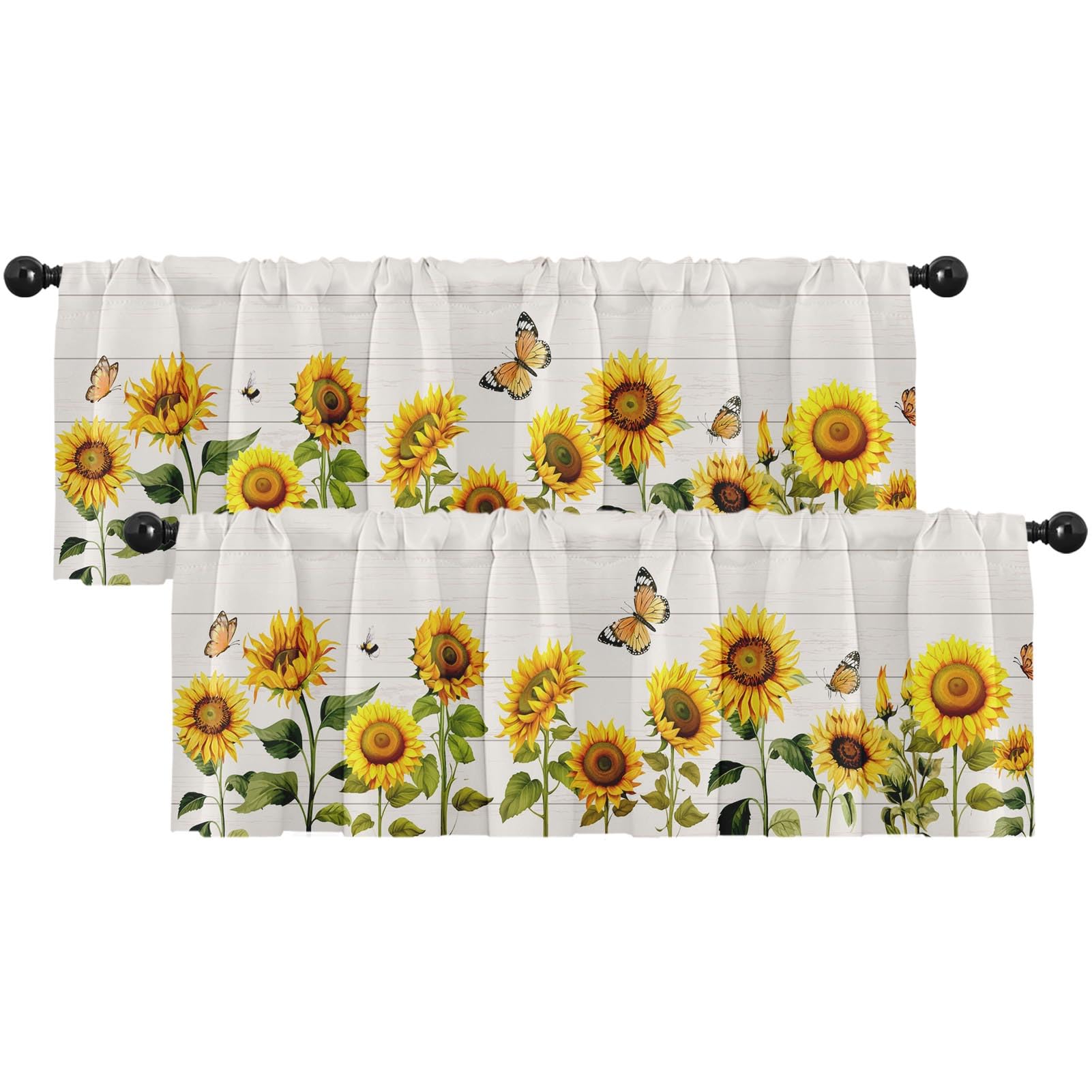 Emvency 2 Pack Valances Window Treatments Farmhouse Sunflower Spring Summer Butterfly Blackout Drapes Adjustable Curtain Valance