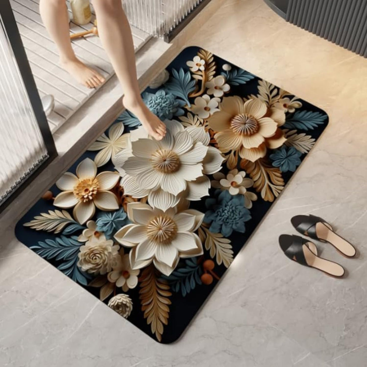 Stolven 3D Floral Bath Mat, Dark Navy Background, Super Absorbent, NonSlip, Bathroom Floor Rug