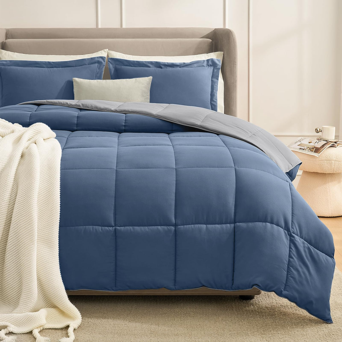 Homelike Moment Oversized Queen Comforter Set Blue/Grey, Lightweight Reversible Down Alternative Bed Comforter Sets, Soft All Se