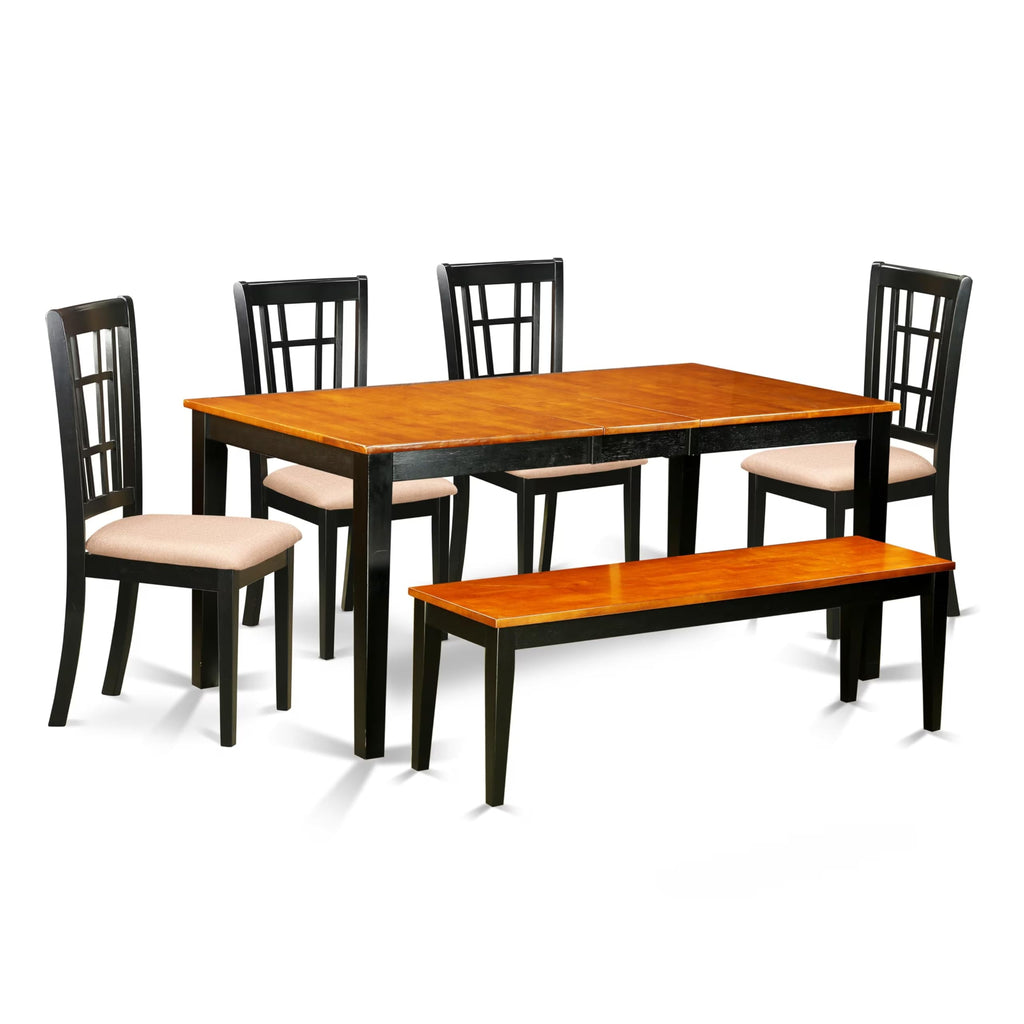 East West Furniture NICO6-BLK-C 6 Piece Kitchen Set Contains a Rectangle Table with Butterfly Leaf and 4 Linen Fabric Dining Chairs with a Bench, 36x66 Inch, Black & Cherry