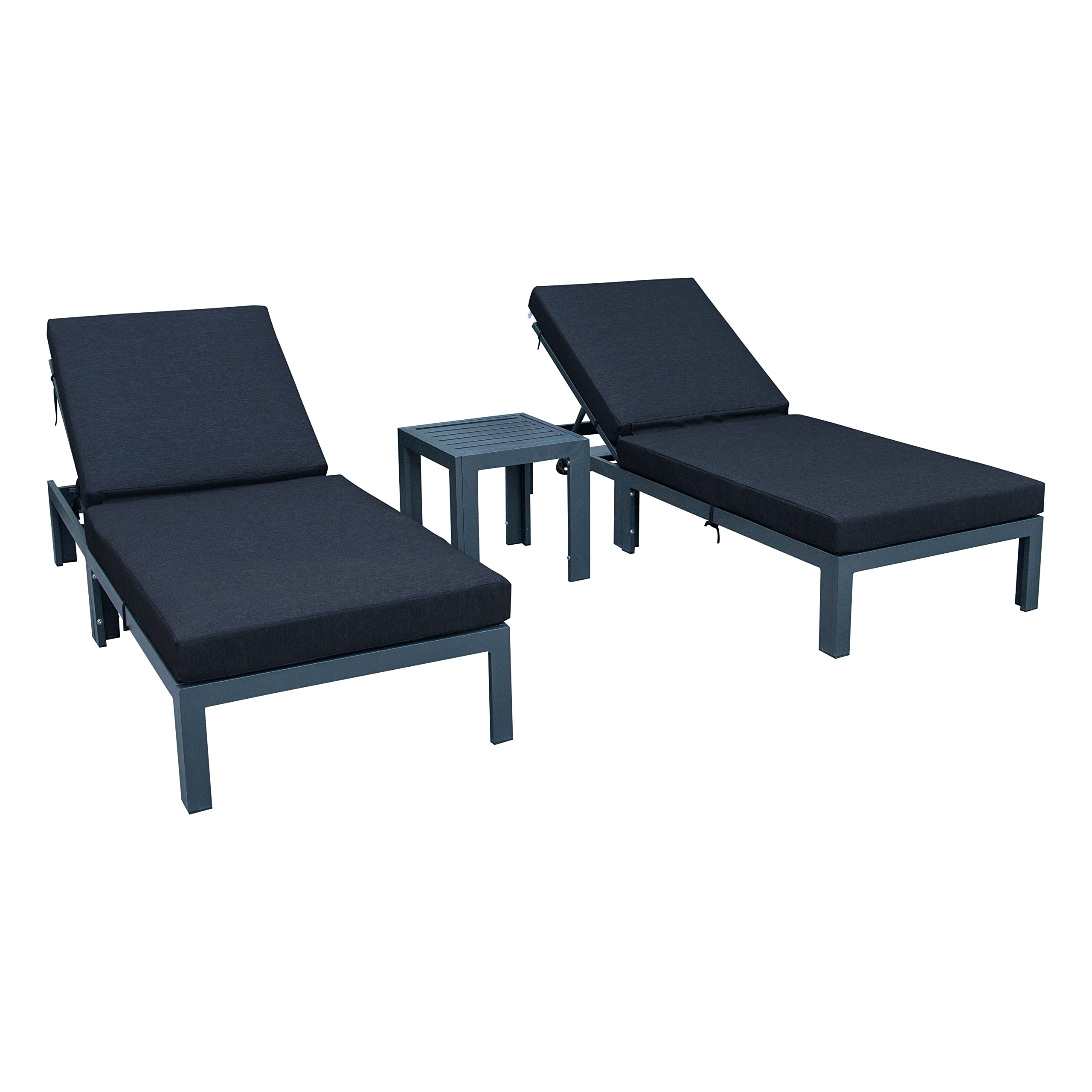 LeisureMod Chelsea Modern Aluminum Outdoor Chaise Lounge Chair Set of 2 with Side Table & Cushions (Black)