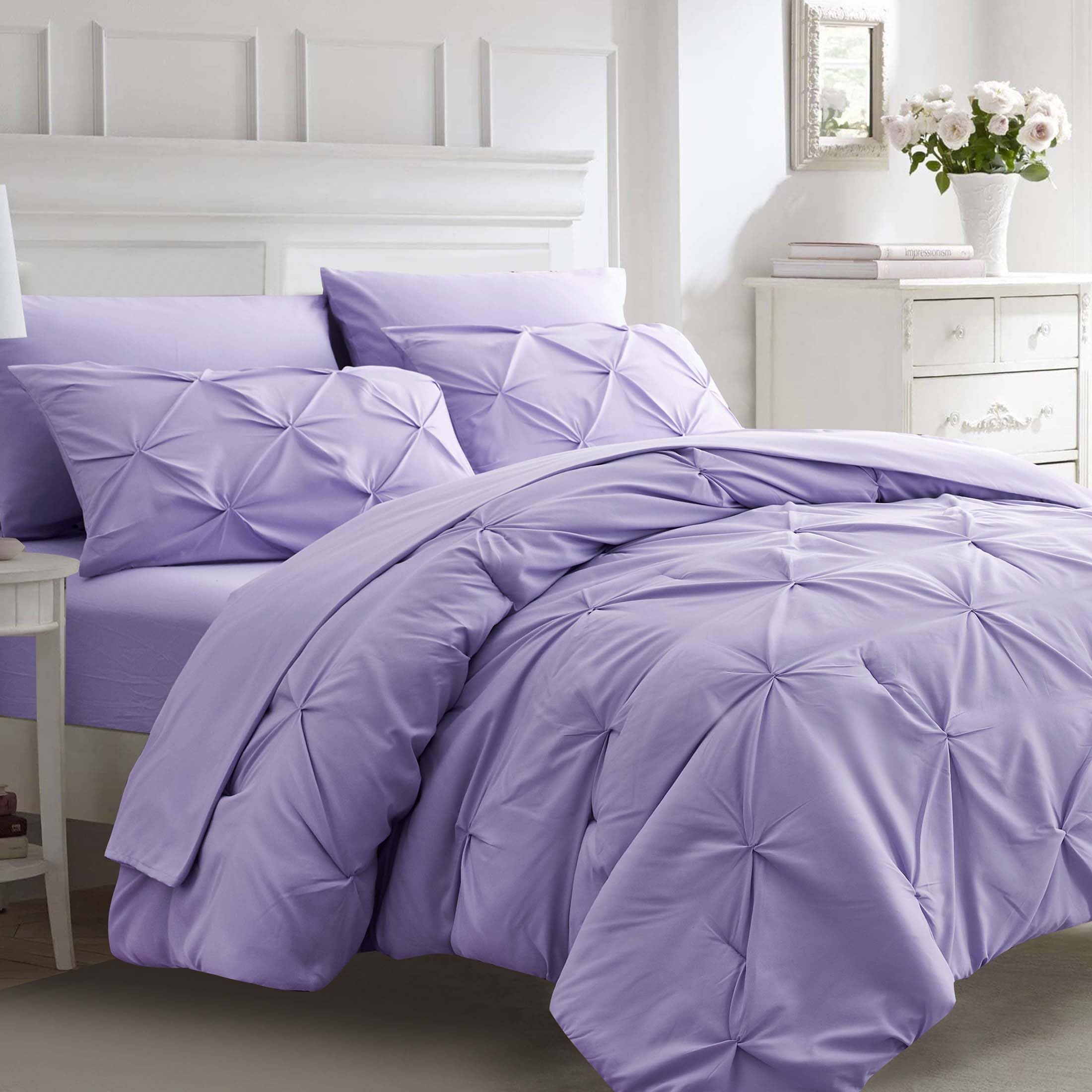 Ubauba 7Pc Full Size Comforter Set With Sheets, Light Purple Pintuck 7 Pieces Bed In A Bag With Comforter, All Season Bedding Co