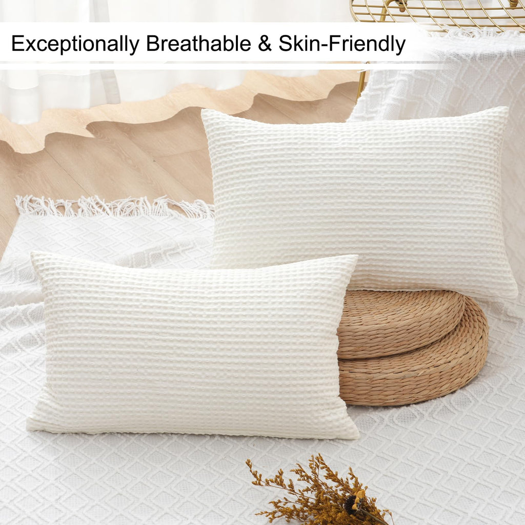 Phf 100% Cotton Waffle Weave Lumbar Pillow Cover 12' X 20', No Filling, 2 Pack Elegant Home Decorative Rectangle Throw Pillow Covers For Bed Couch Sofa, Cream