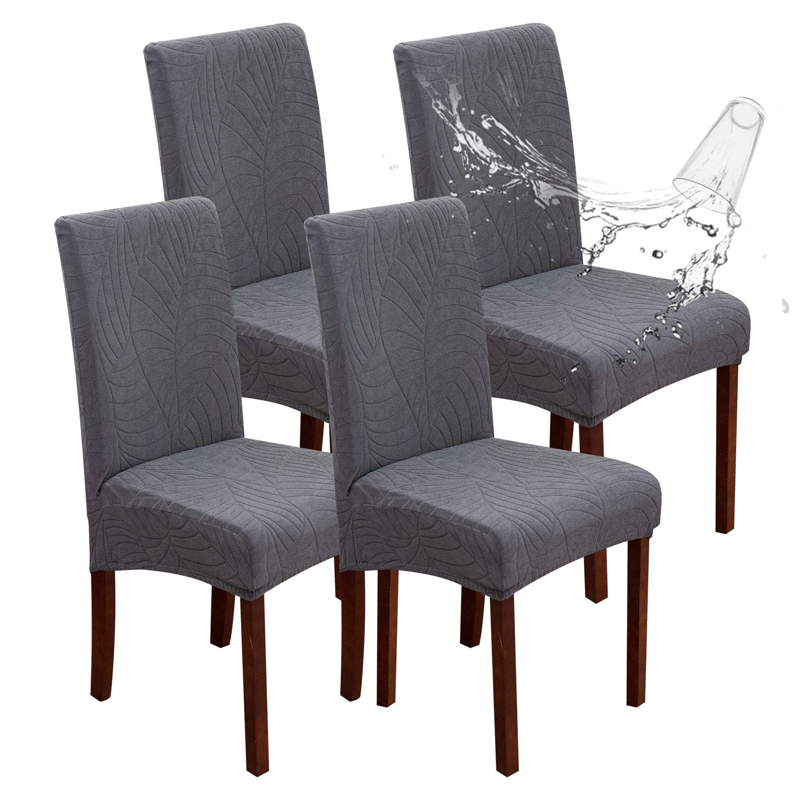 Genina Waterproof Chair Covers For Dining Room, Stretch Jacquard Dining Chair Slipcovers Removable Washable Chair Protector For Kitchen, Hotel, Restaurant (Leaves-Dark Gray, 4 Pcs)